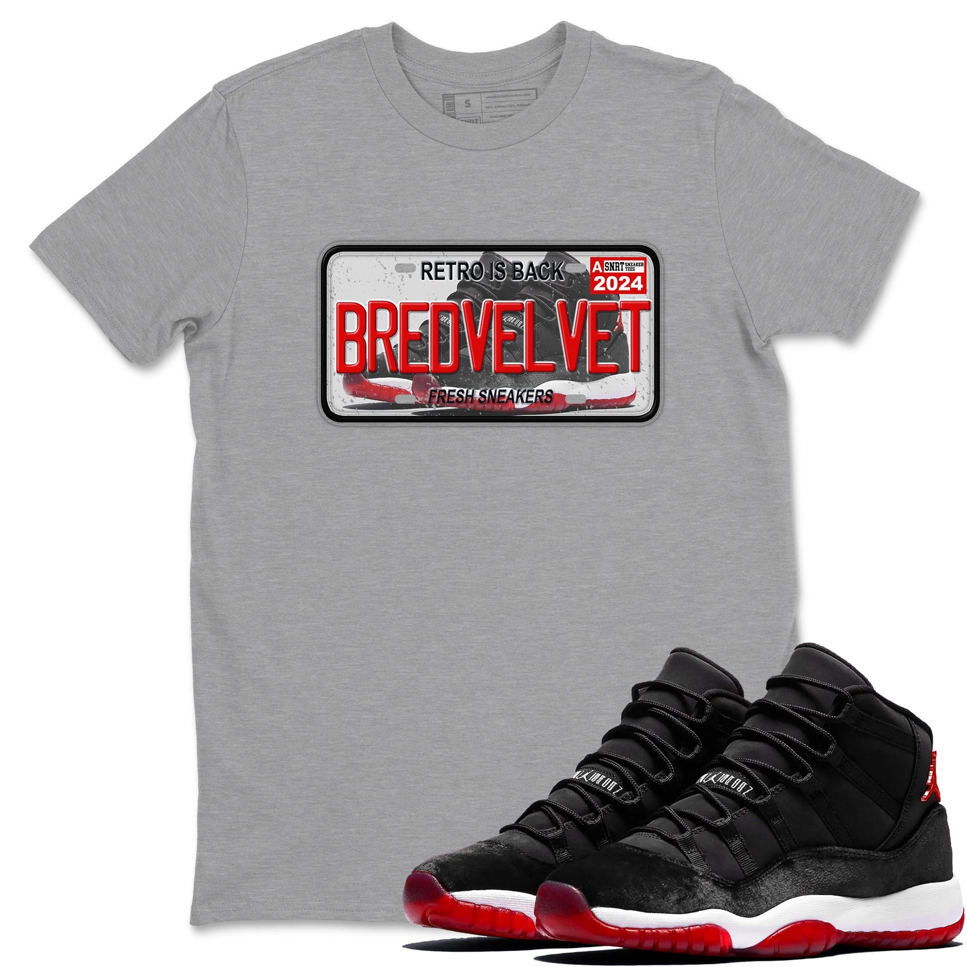 11s Bred Velvet shirts to match jordans Sneaker Plate sneaker match tees Air Jordan 11 Bred Velvet SNRT Sneaker Release Tees unisex cotton Heather Grey 1 crew neck shirts