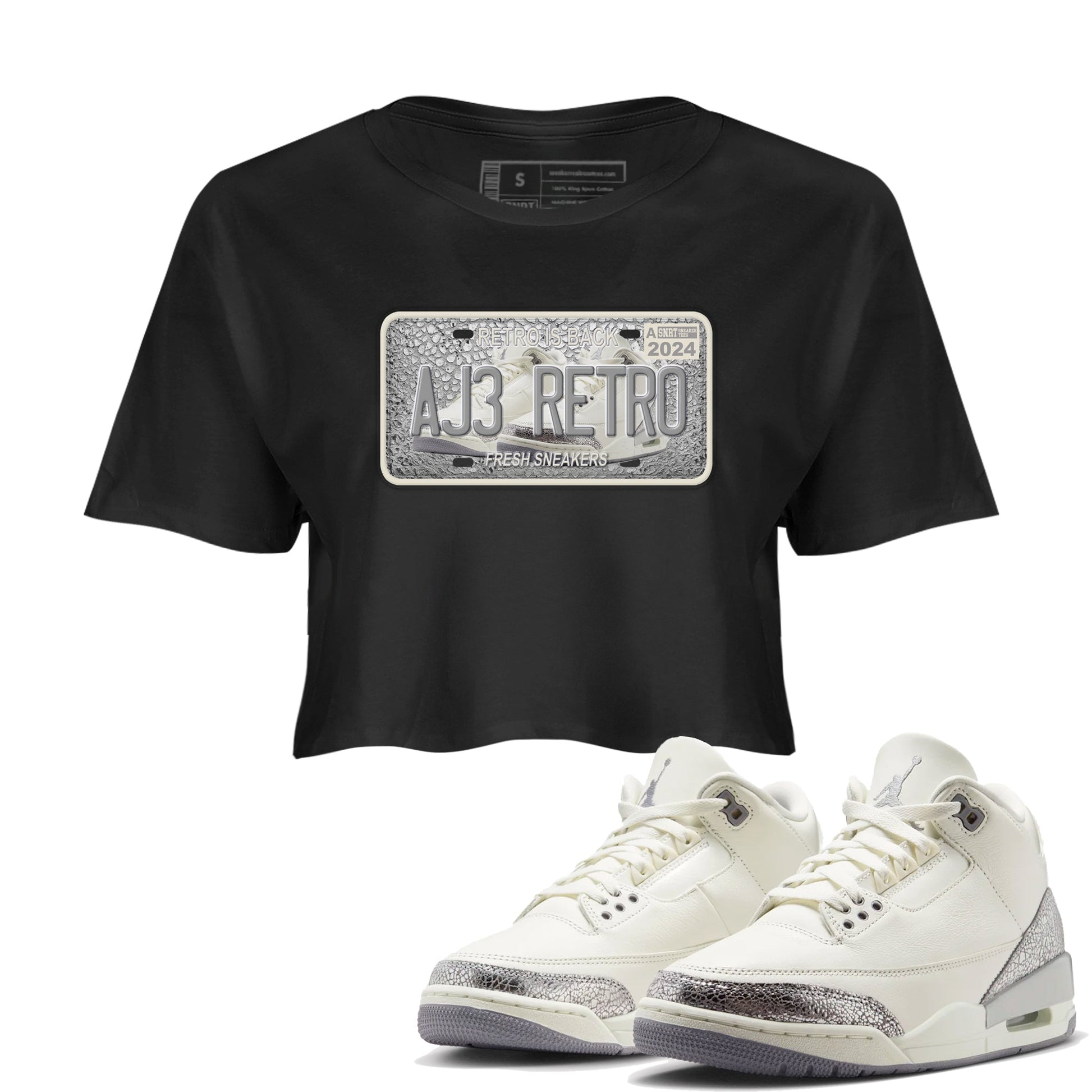 3s Sail and Cement Grey shirts to match jordans Sneaker Plate sneaker match tees Air Jordan 3 Retro Sail and Cement Grey match shoes to clothes SNRT Sneaker Tees unisex cotton Black 1 crop tee