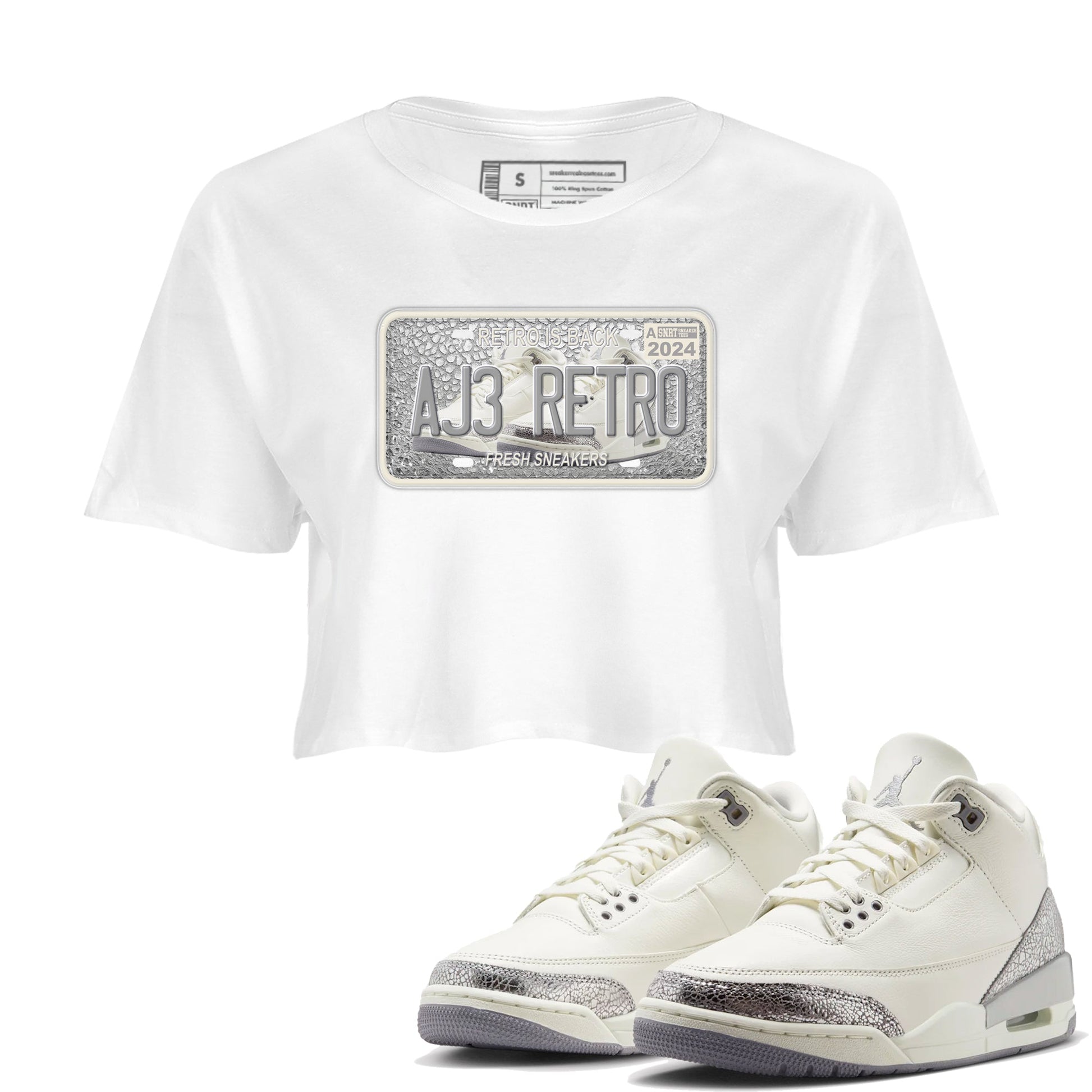 3s Sail and Cement Grey shirts to match jordans Sneaker Plate sneaker match tees Air Jordan 3 Retro Sail and Cement Grey match shoes to clothes SNRT Sneaker Tees unisex cotton White 1 crop tee