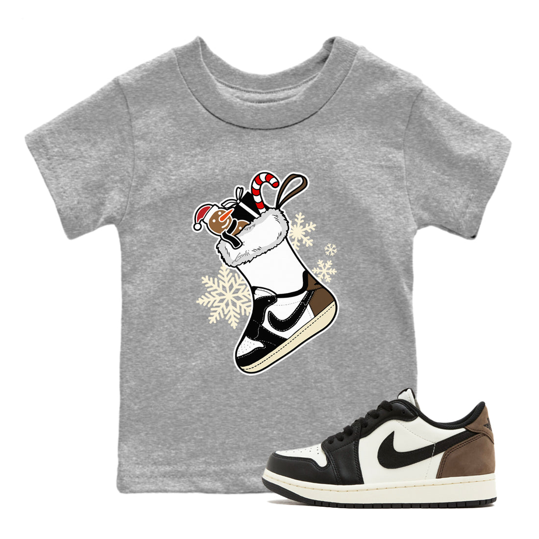 1s Mocha shirts to match jordans Christmas Sneaker Stocking t shirts to match sneakers Air Jordan 1 Low OG Mocha match shoes to clothes SNRT Sneaker Tees Youth Baby Heather Grey 1 tee