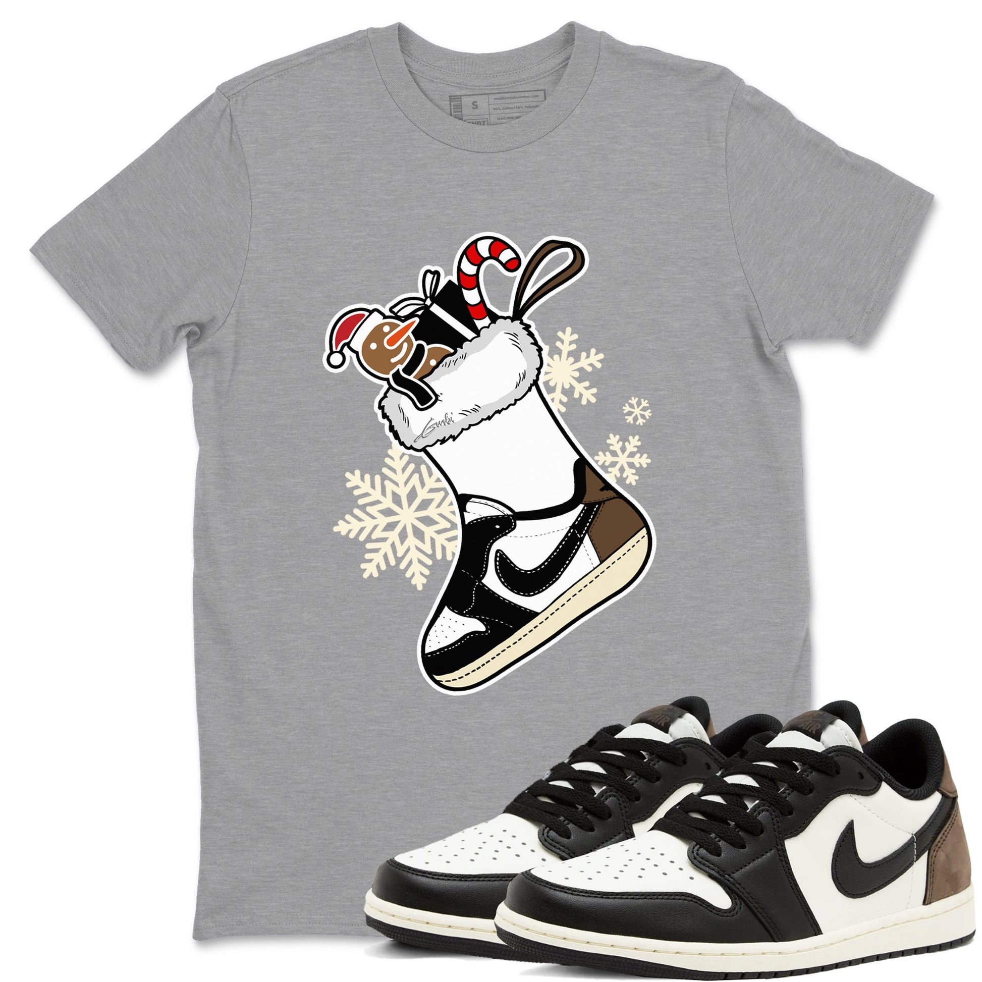 1s Mocha shirts to match jordans Christmas Sneaker Stocking t shirts to match sneakers Air Jordan 1 Low OG Mocha match shoes to clothes SNRT Sneaker Tees unisex cotton Heather Grey 1 shirts