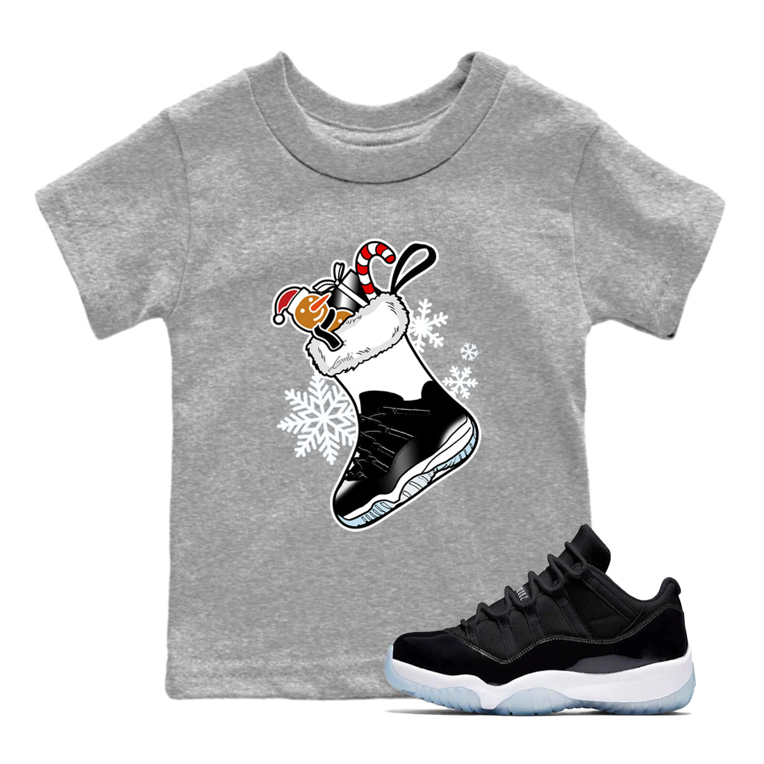 11s Space Jam shirts to match jordans Christmas Sneaker Stocking t shirts to match sneakers Air Jordan 11 Low Black And Varsity Royal match shoes to clothes SNRT Sneaker Tees Youth Baby Heather Grey 1 tee