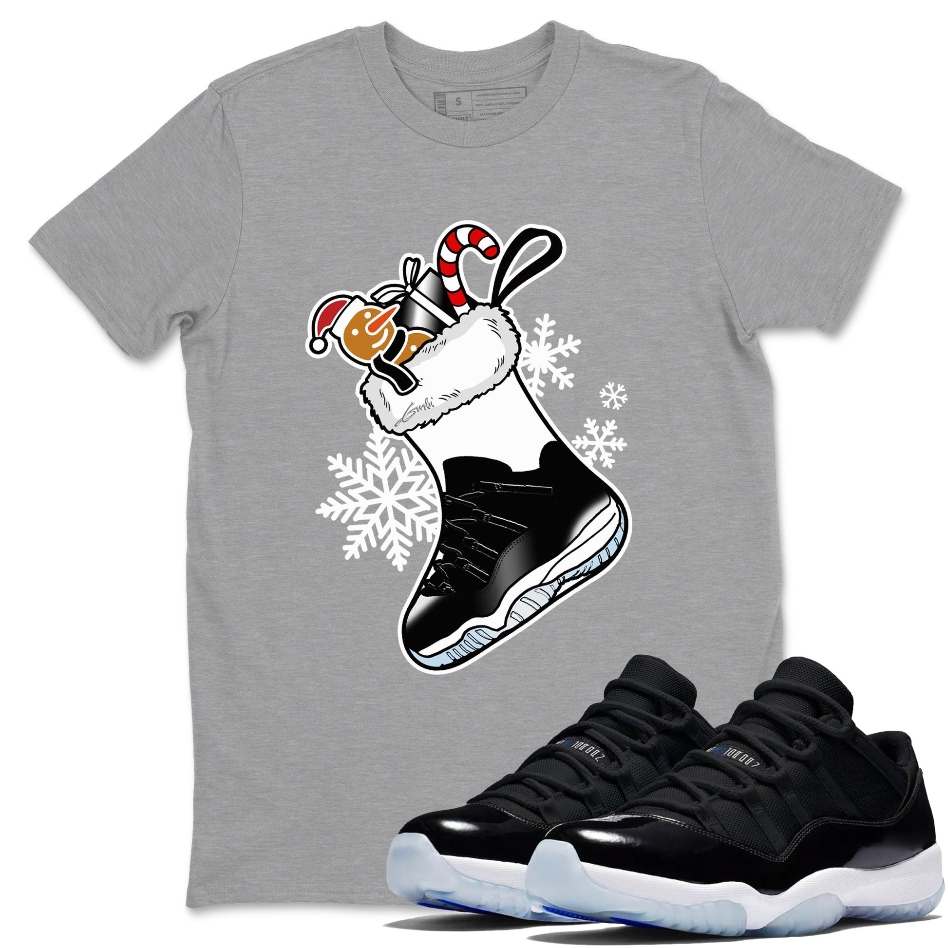 11s Space Jam shirts to match jordans Christmas Sneaker Stocking t shirts to match sneakers Air Jordan 11 Low Black And Varsity Royal match shoes to clothes SNRT Sneaker Tees unisex cotton Heather Grey 1 shirts
