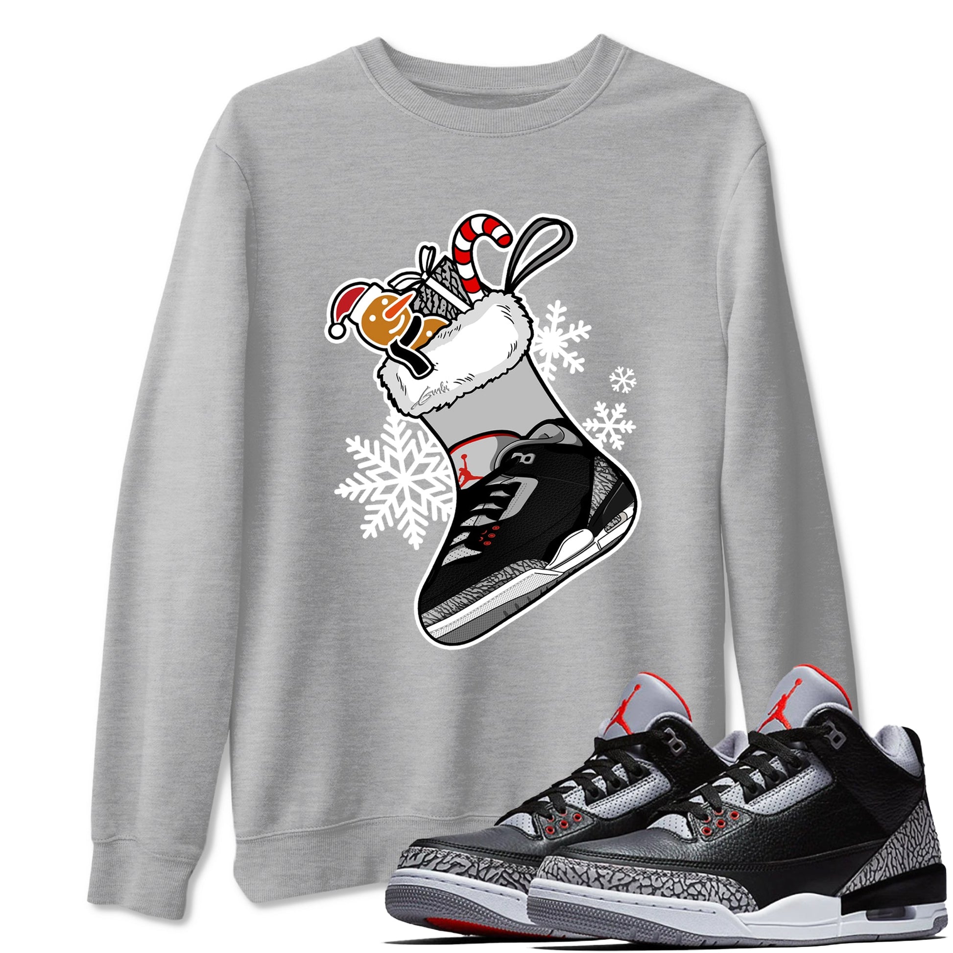 3s Black Cement shirts to match jordans Christmas Sneaker Stocking t shirts to match sneakers Air Jordan 3 OG Black Cement match shoes to clothes SNRT Sneaker Tees unisex cotton Heather Grey 1 shirts