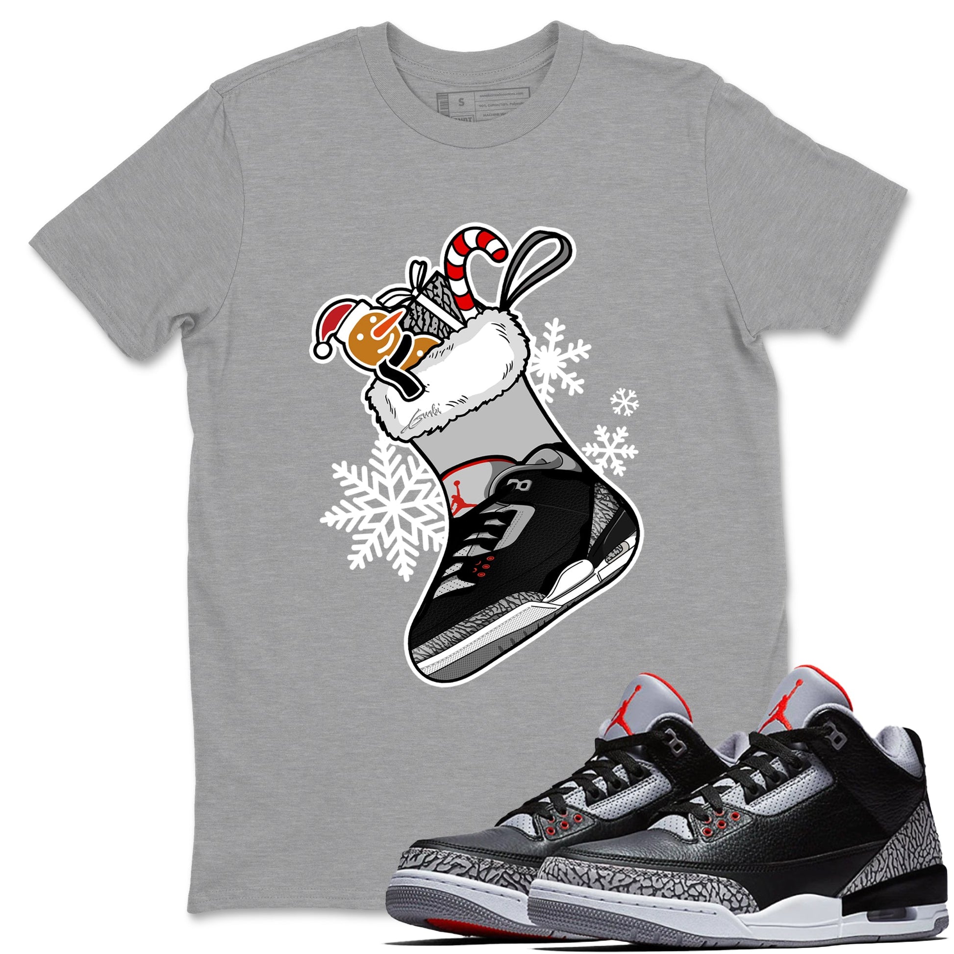 3s Black Cement shirts to match jordans Christmas Sneaker Stocking t shirts to match sneakers Air Jordan 3 OG Black Cement match shoes to clothes SNRT Sneaker Tees unisex cotton Heather Grey 1 shirts