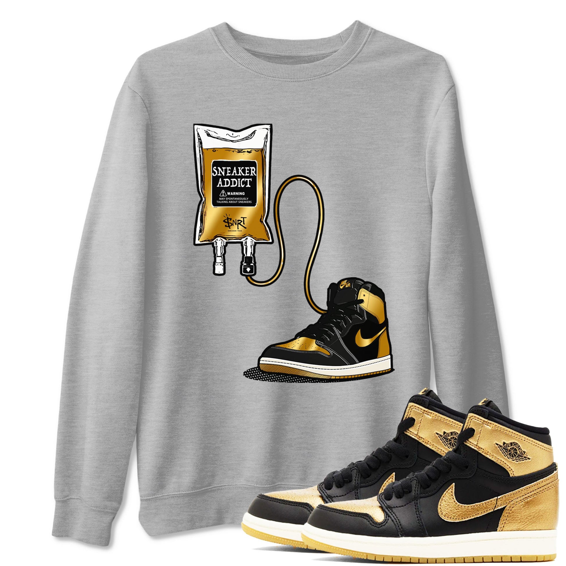 1s Black Metallic Gold shirts to match jordans Sneaker Therapy sneaker match tees Jordan 1 High OG Black and Gold SNRT Sneaker Release Tees unisex cotton Heather Grey 1 crew neck shirts