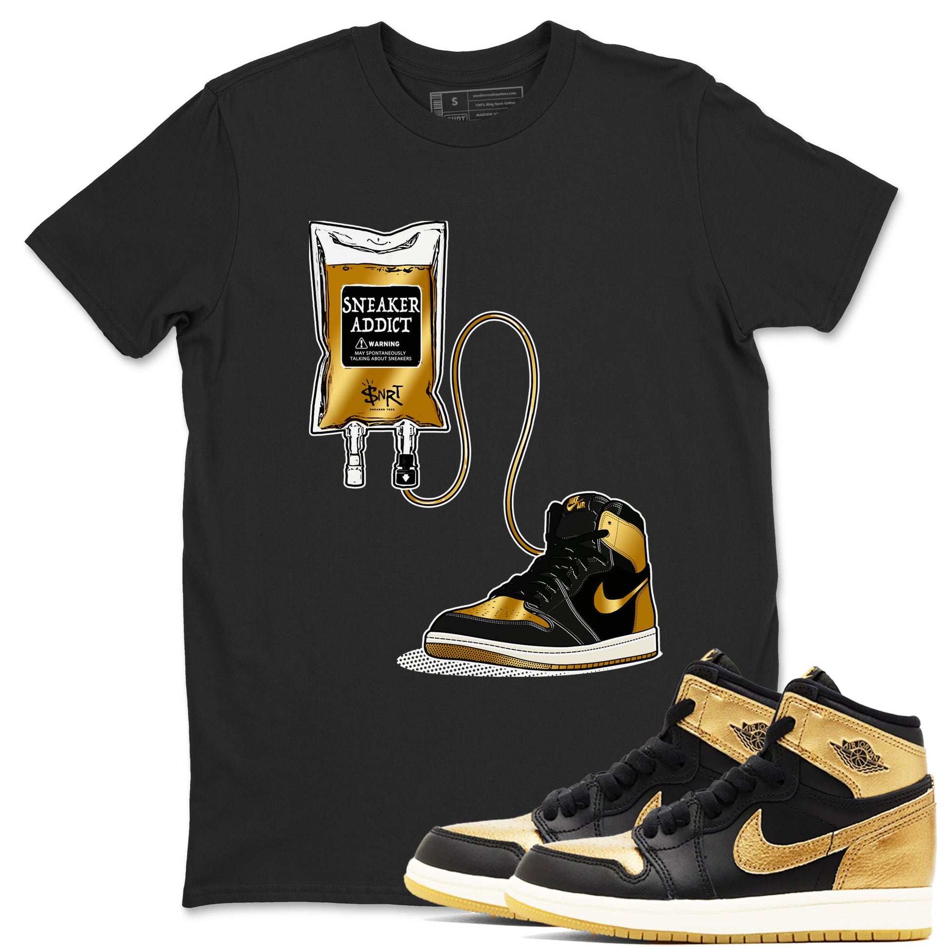 1s Black Metallic Gold shirts to match jordans Sneaker Therapy sneaker match tees Jordan 1 High OG Black and Gold SNRT Sneaker Release Tees unisex cotton Black 1 crew neck shirts