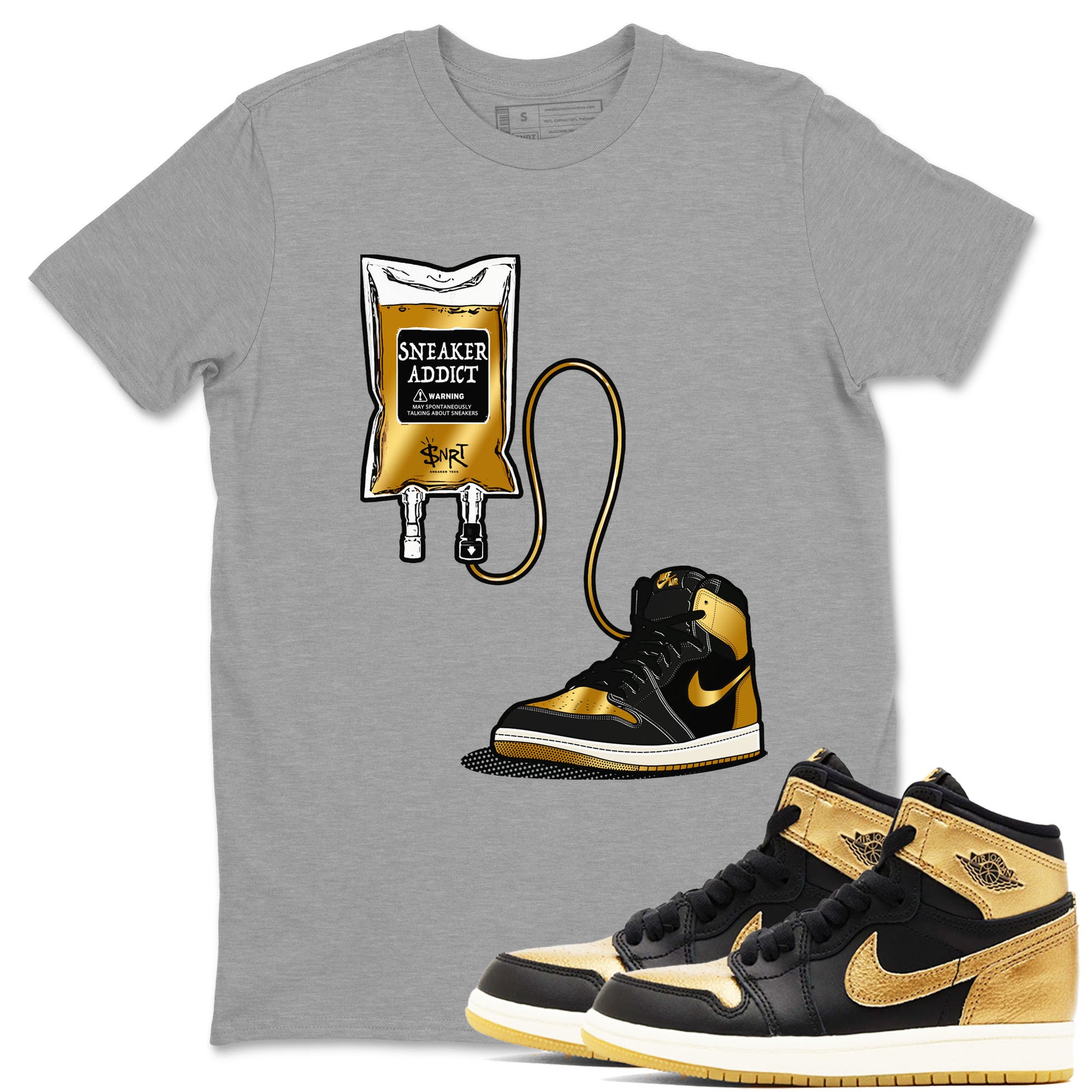 1s Black Metallic Gold shirts to match jordans Sneaker Therapy sneaker match tees Jordan 1 High OG Black and Gold SNRT Sneaker Release Tees unisex cotton Heather Grey 1 crew neck shirts