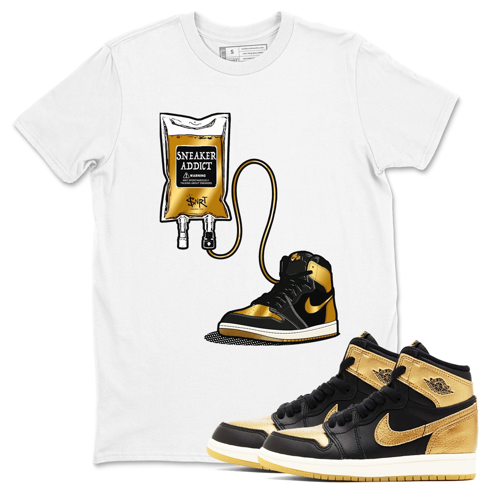 1s Black Metallic Gold shirts to match jordans Sneaker Therapy sneaker match tees Jordan 1 High OG Black and Gold SNRT Sneaker Release Tees unisex cotton White 1 crew neck shirts
