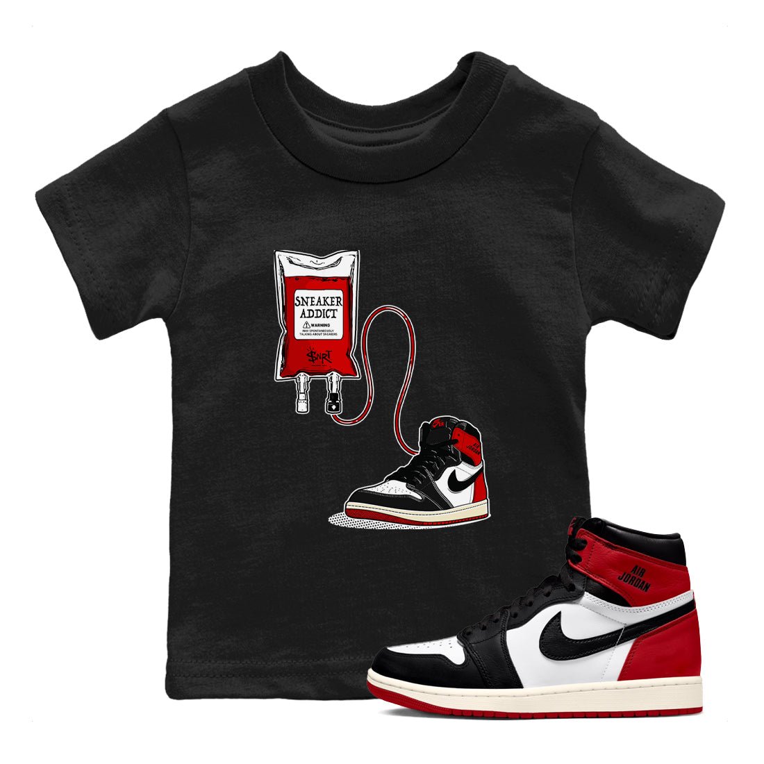 1s Black Toe Reimagined shirts to match jordans Sneaker Therapy sneaker match tees Air Jordan 1 Black Toe Reimagined SNRT Sneaker Release Tees Youth Baby Black 1 crew neck shirts