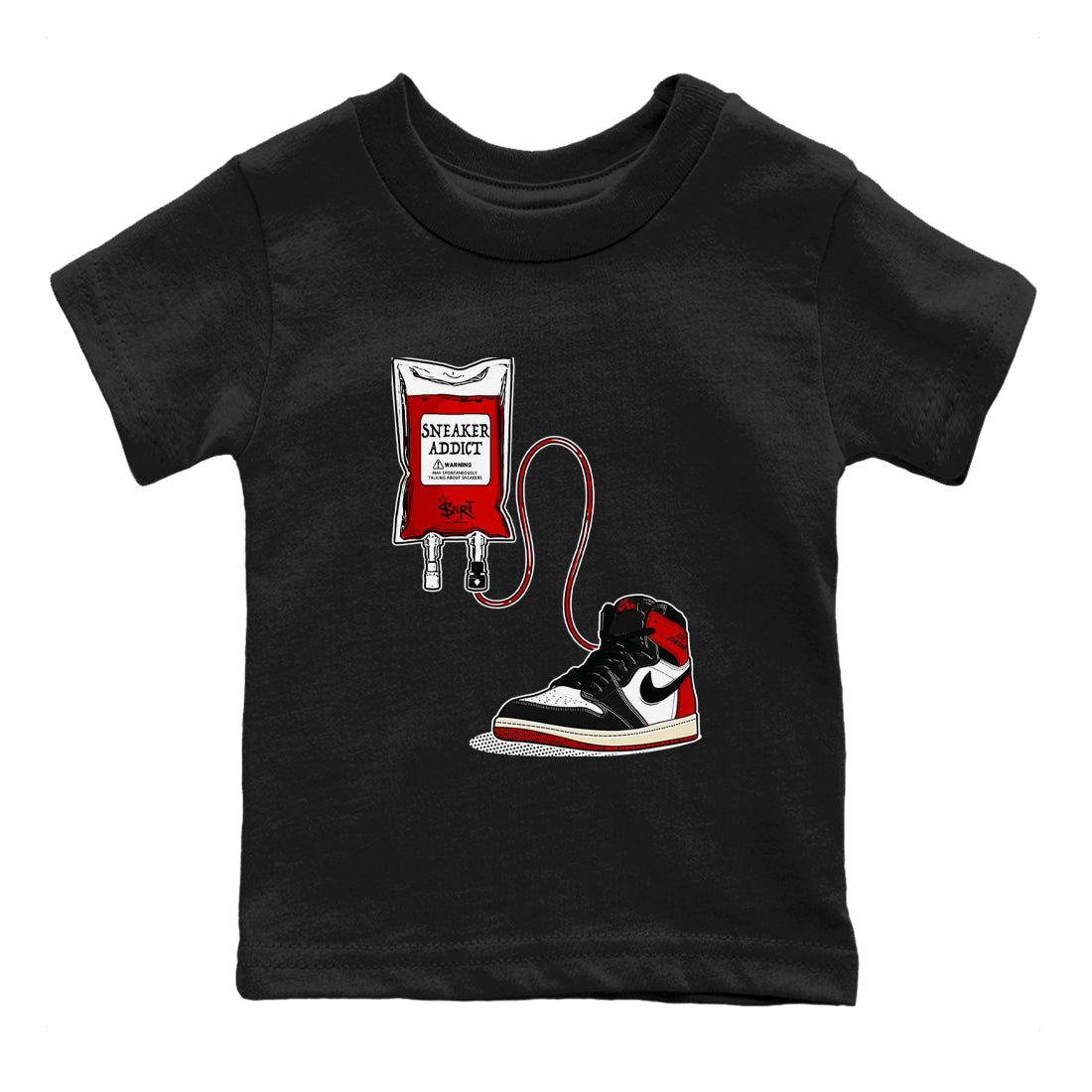 1s Black Toe Reimagined shirts to match jordans Sneaker Therapy sneaker match tees Air Jordan 1 Black Toe Reimagined SNRT Sneaker Release Tees Youth Baby Black 2 crew neck shirts