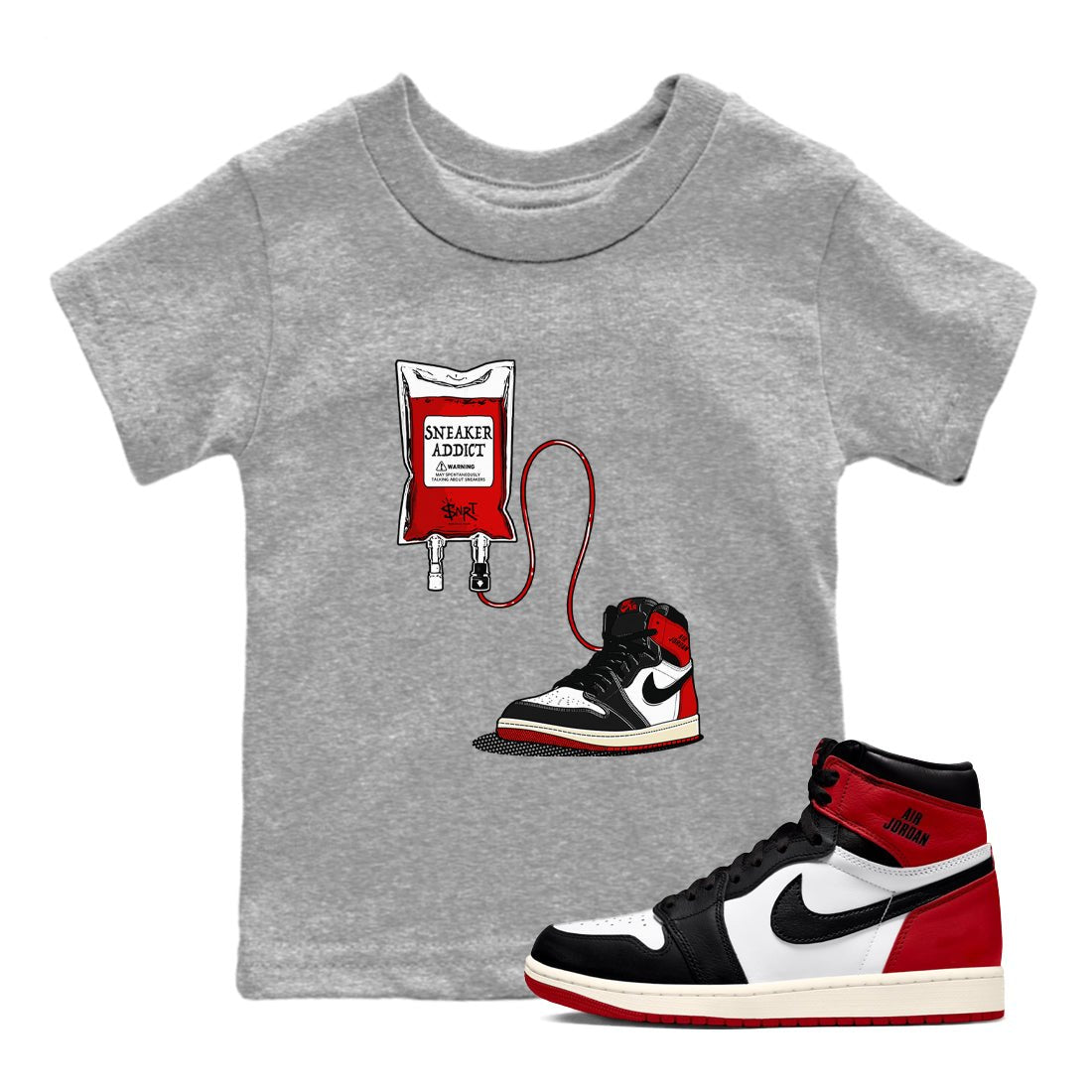 1s Black Toe Reimagined shirts to match jordans Sneaker Therapy sneaker match tees Air Jordan 1 Black Toe Reimagined SNRT Sneaker Release Tees Youth Baby Heather Grey 1 crew neck shirts
