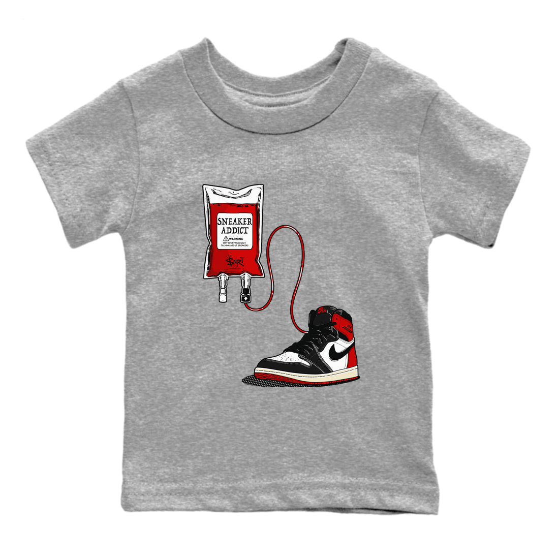 1s Black Toe Reimagined shirts to match jordans Sneaker Therapy sneaker match tees Air Jordan 1 Black Toe Reimagined SNRT Sneaker Release Tees Youth Baby Heather Grey 2 crew neck shirts