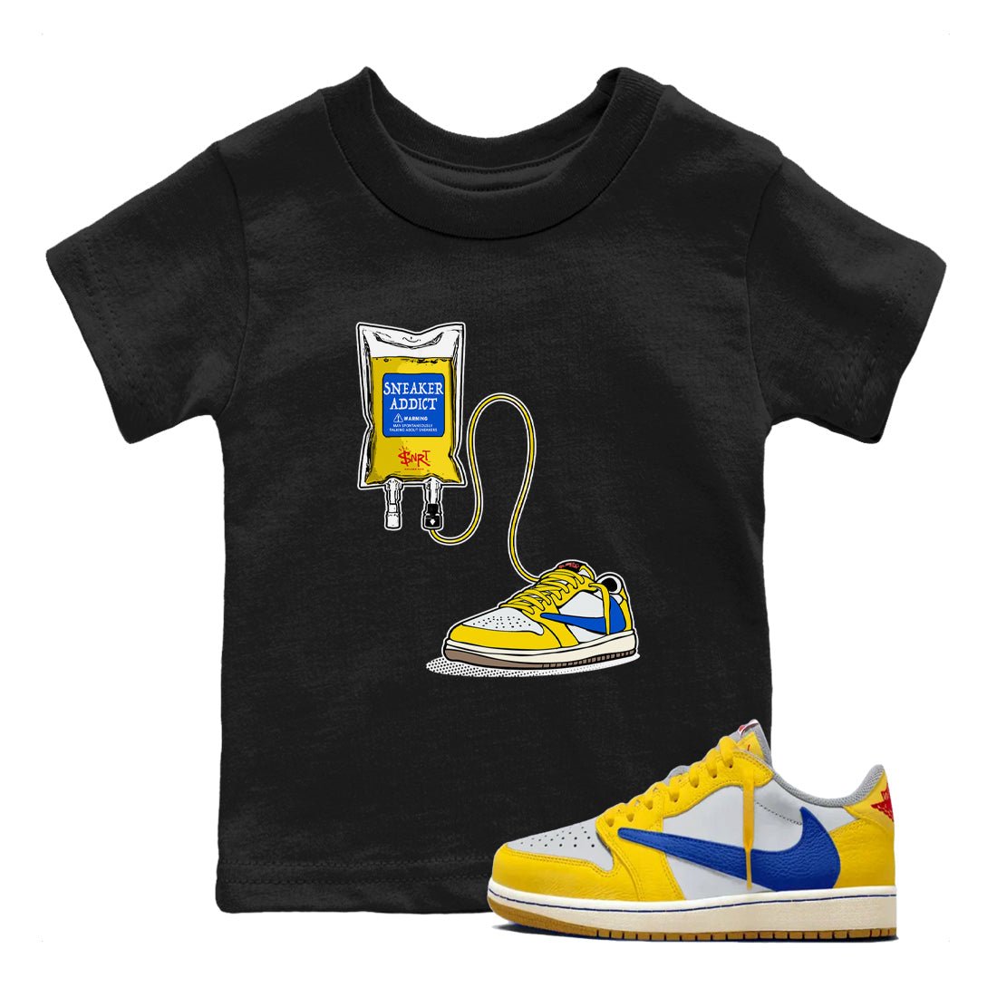 1s Travis Scott Canary shirts to match jordans Sneaker Therapy sneaker match tees Air Jordan 1 Travis Scott Canary SNRT Sneaker Release Tees Youth Baby Black 1 crew neck shirts