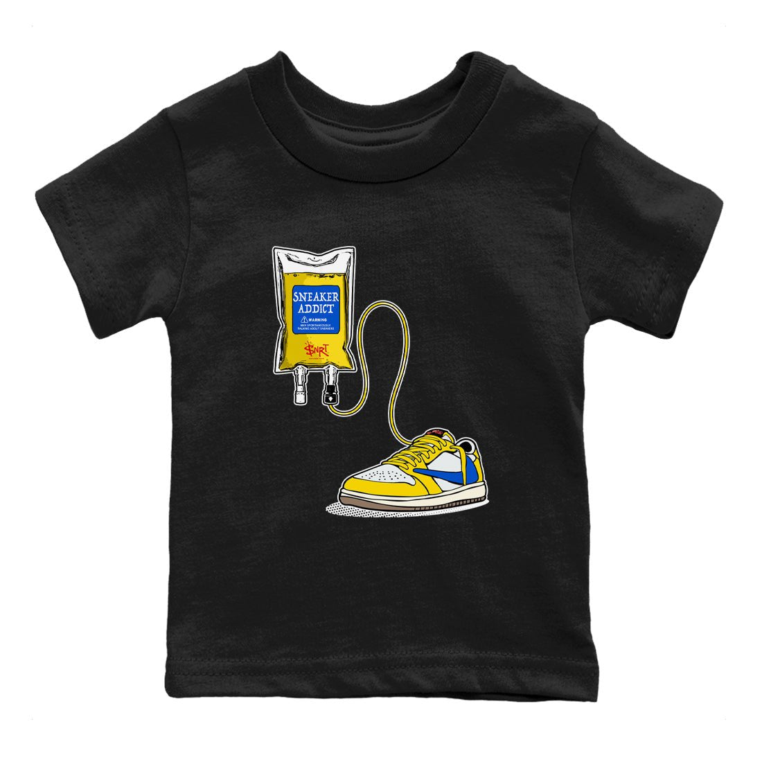 1s Travis Scott Canary shirts to match jordans Sneaker Therapy sneaker match tees Air Jordan 1 Travis Scott Canary SNRT Sneaker Release Tees Youth Baby Black 2 crew neck shirts