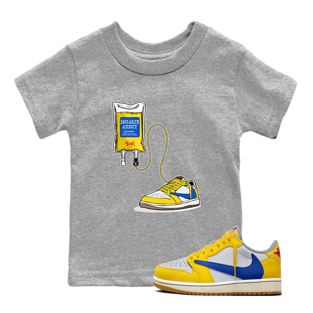1s Travis Scott Canary shirts to match jordans Sneaker Therapy sneaker match tees Air Jordan 1 Travis Scott Canary SNRT Sneaker Release Tees Youth Baby Heather Grey 1 crew neck shirts