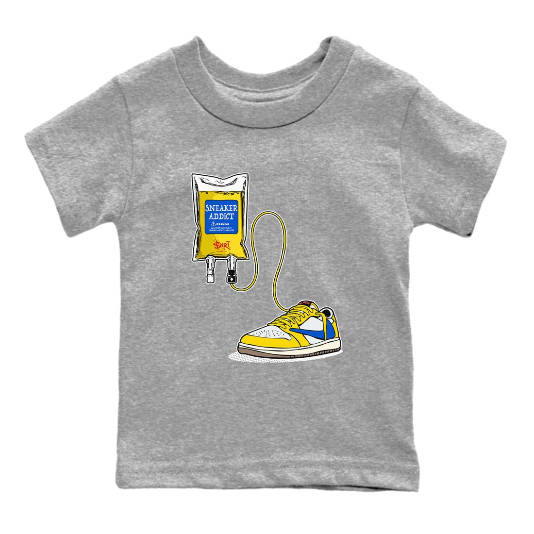 1s Travis Scott Canary shirts to match jordans Sneaker Therapy sneaker match tees Air Jordan 1 Travis Scott Canary SNRT Sneaker Release Tees Youth Baby Heather Grey 2 crew neck shirts