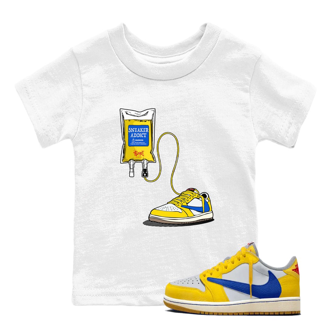 1s Travis Scott Canary shirts to match jordans Sneaker Therapy sneaker match tees Air Jordan 1 Travis Scott Canary SNRT Sneaker Release Tees Youth Baby White 1 crew neck shirts