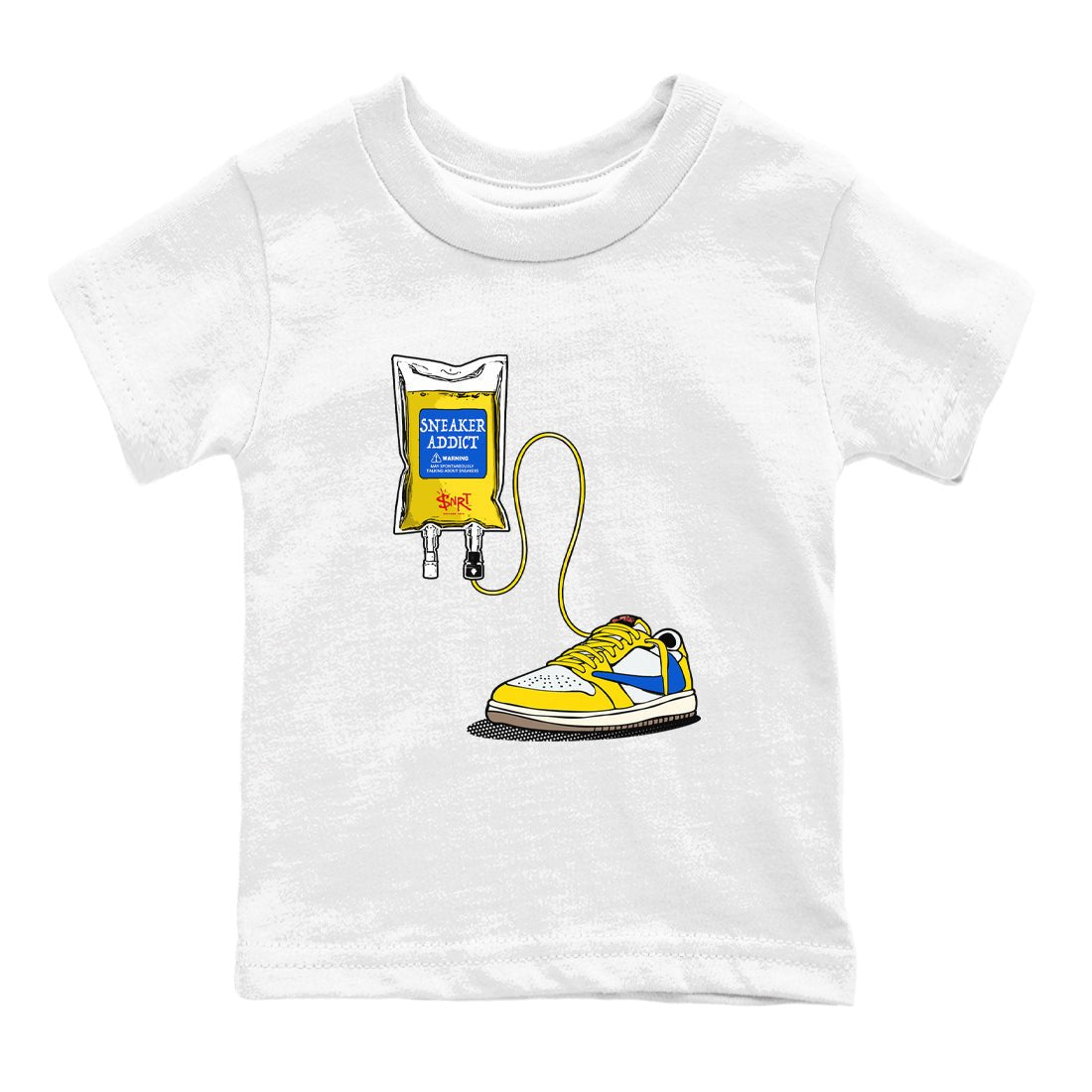 1s Travis Scott Canary shirts to match jordans Sneaker Therapy sneaker match tees Air Jordan 1 Travis Scott Canary SNRT Sneaker Release Tees Youth Baby White 2 crew neck shirts