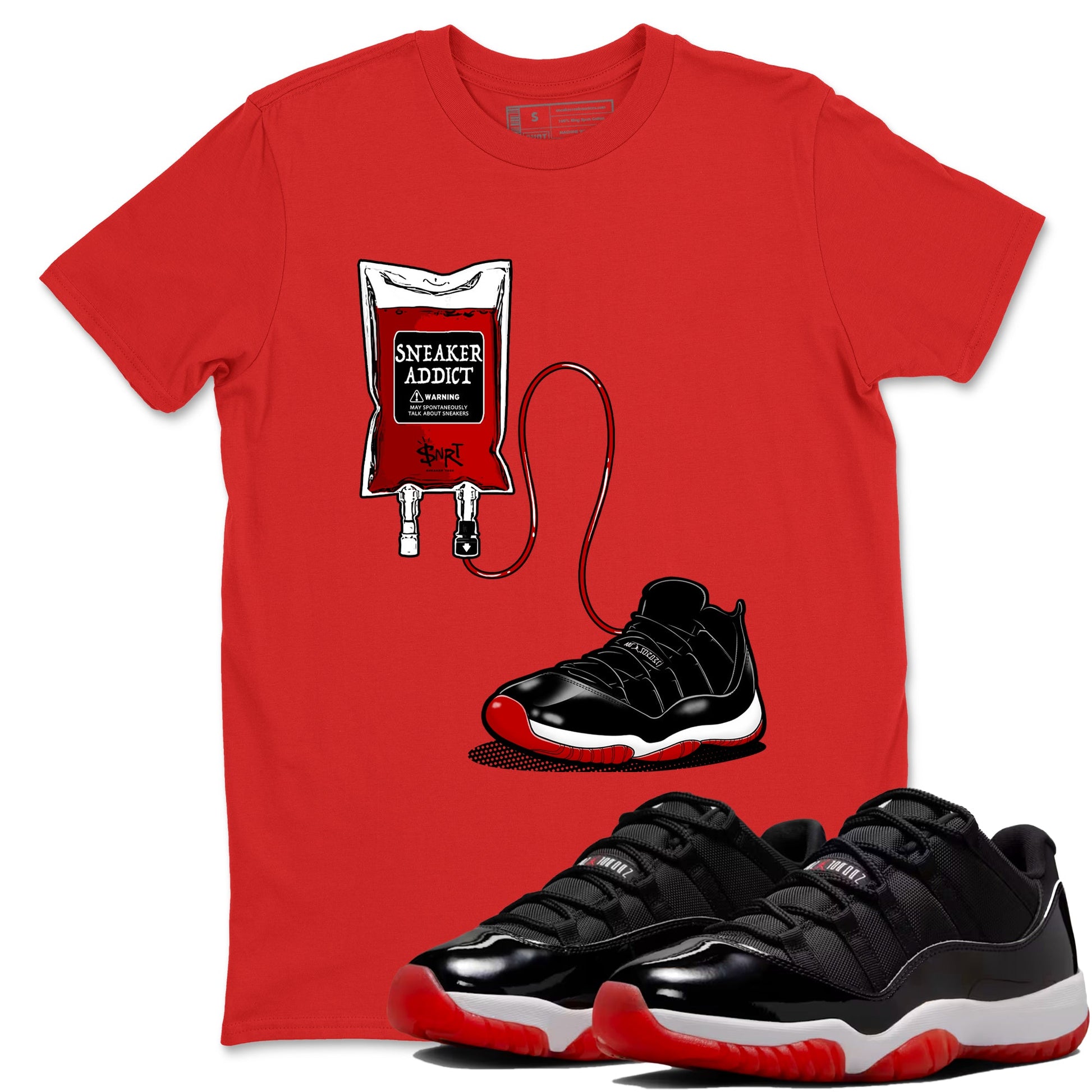 Air Jordan 11 Low Bred sneaker match tee Sneaker Therapy sneaker match tees Air Jordan 11 Bred best t-shirts to match jordans SNRT Sneaker Tees unisex cotton Red 1 shirts