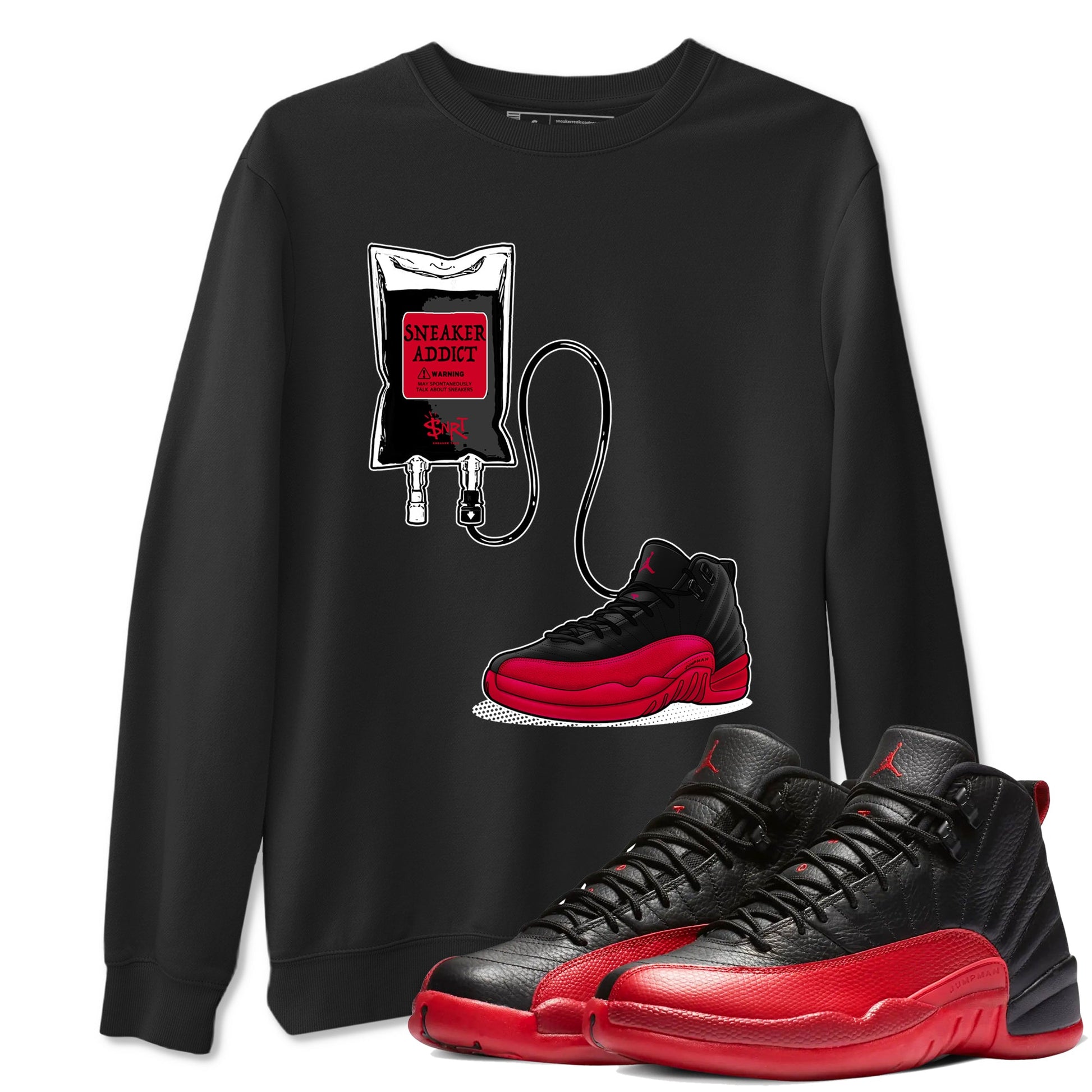 12s Flu Game shirts to match jordans Sneaker Therapy best t shirts to wear with jordans Air Jordan 12 Retro Flu Black and Varsity Red match shoes to clothes SNRT Sneaker Tees unisex cotton Black 1 shirts