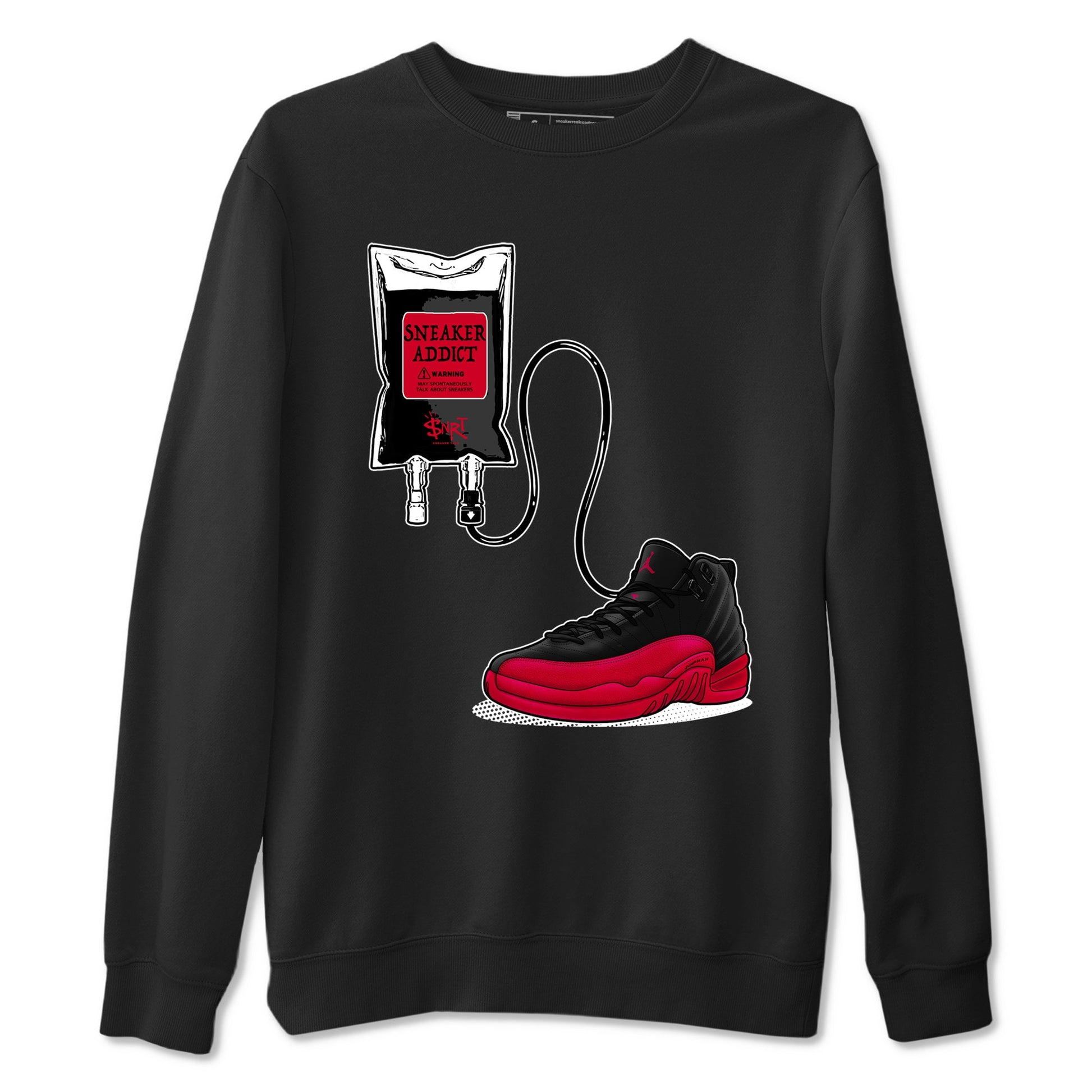 12s Flu Game shirts to match jordans Sneaker Therapy best t shirts to wear with jordans Air Jordan 12 Retro Flu Black and Varsity Red match shoes to clothes SNRT Sneaker Tees unisex cotton Black 2 shirts