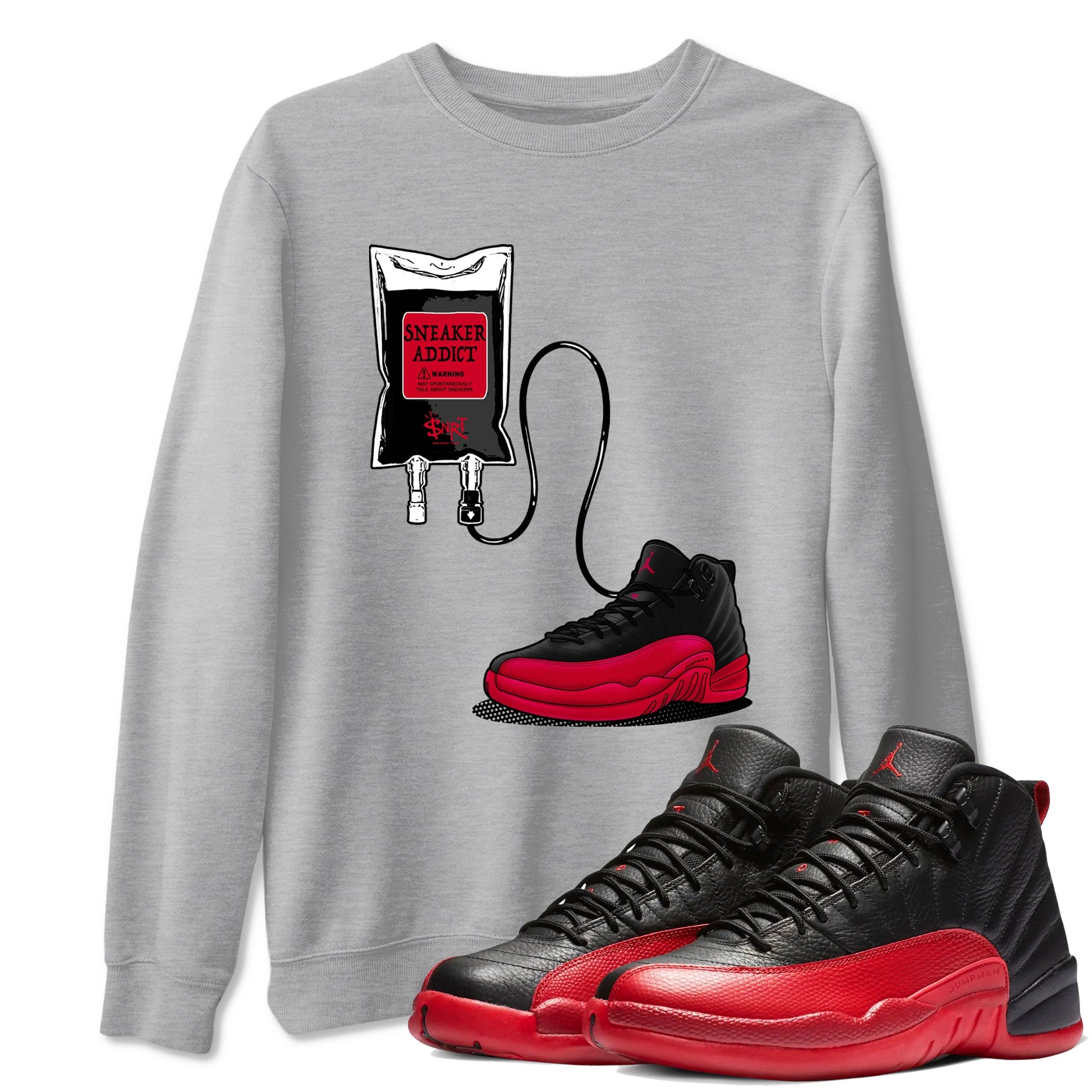 12s Flu Game shirts to match jordans Sneaker Therapy best t shirts to wear with jordans Air Jordan 12 Retro Flu Black and Varsity Red match shoes to clothes SNRT Sneaker Tees unisex cotton Heather Grey 1 shirts