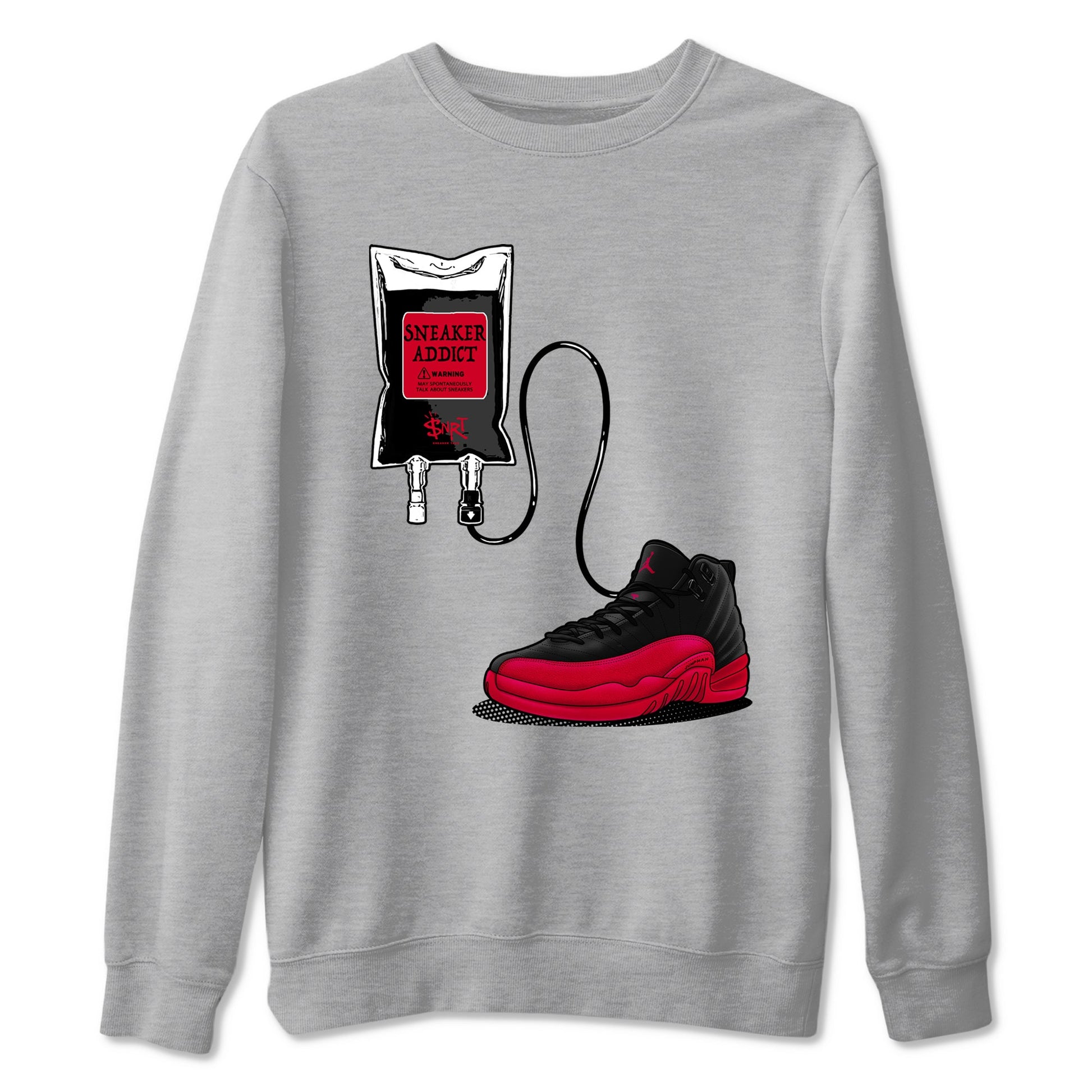 12s Flu Game shirts to match jordans Sneaker Therapy best t shirts to wear with jordans Air Jordan 12 Retro Flu Black and Varsity Red match shoes to clothes SNRT Sneaker Tees unisex cotton Heather Grey 2 shirts