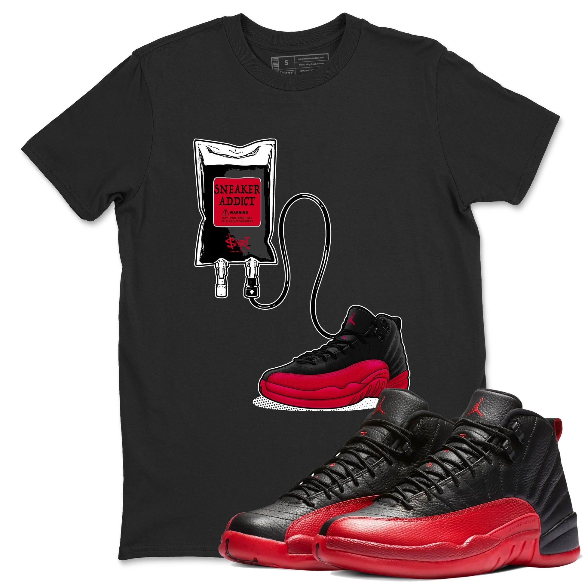 12s Flu Game shirts to match jordans Sneaker Therapy best t shirts to wear with jordans Air Jordan 12 Retro Flu Black and Varsity Red match shoes to clothes SNRT Sneaker Tees unisex cotton Black 1 shirts
