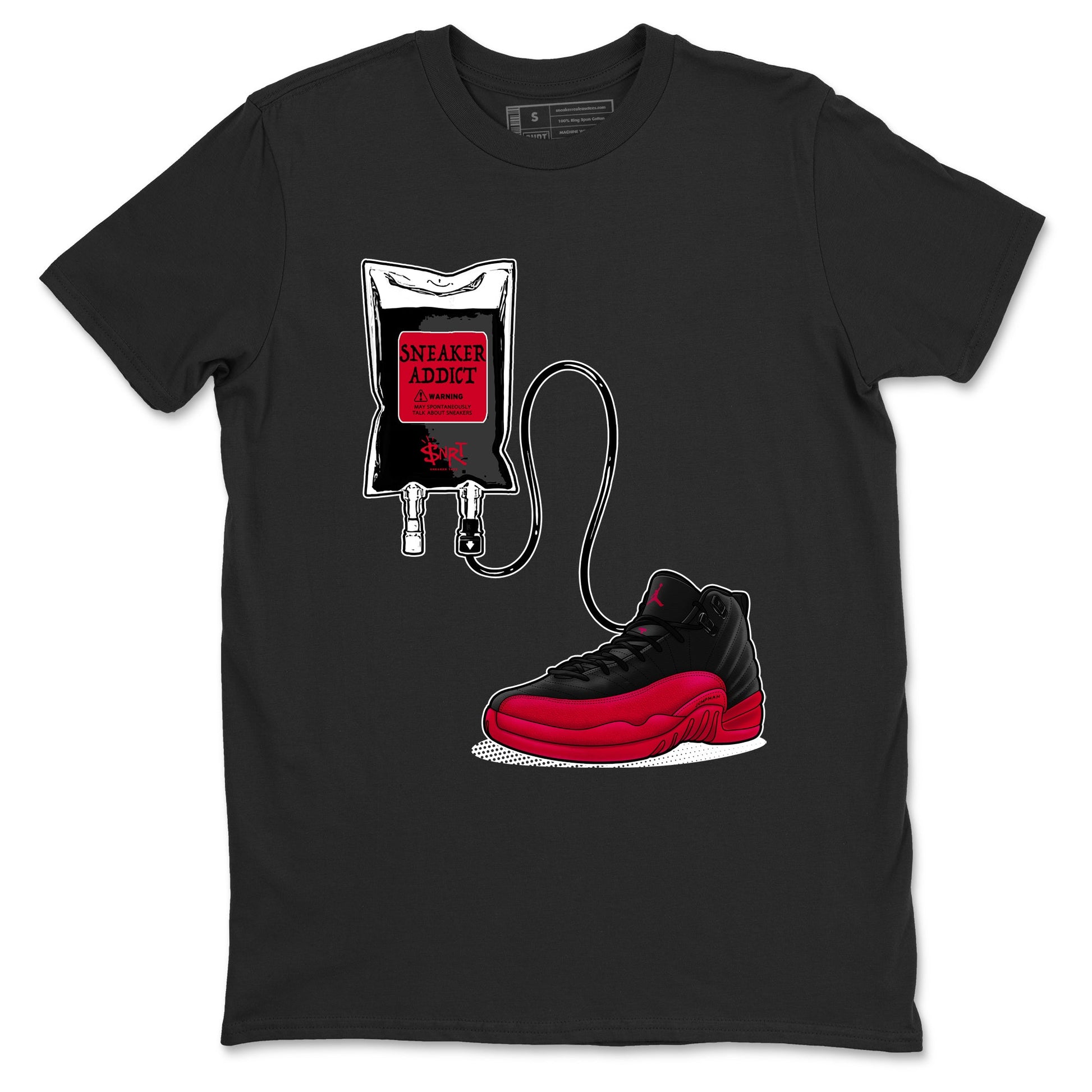 12s Flu Game shirts to match jordans Sneaker Therapy best t shirts to wear with jordans Air Jordan 12 Retro Flu Black and Varsity Red match shoes to clothes SNRT Sneaker Tees unisex cotton Black 2 shirts
