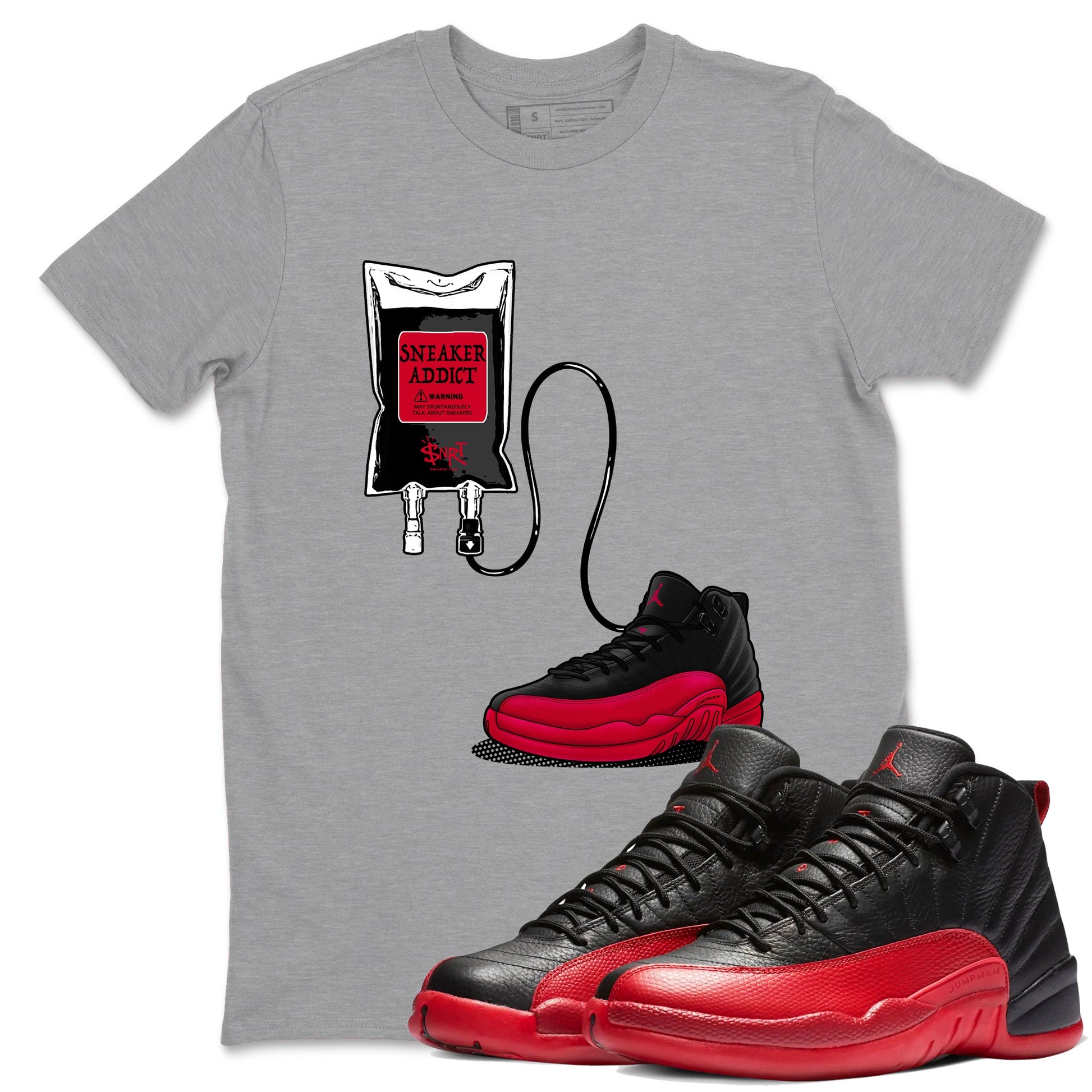 12s Flu Game shirts to match jordans Sneaker Therapy best t shirts to wear with jordans Air Jordan 12 Retro Flu Black and Varsity Red match shoes to clothes SNRT Sneaker Tees unisex cotton Heather Grey 1 shirts