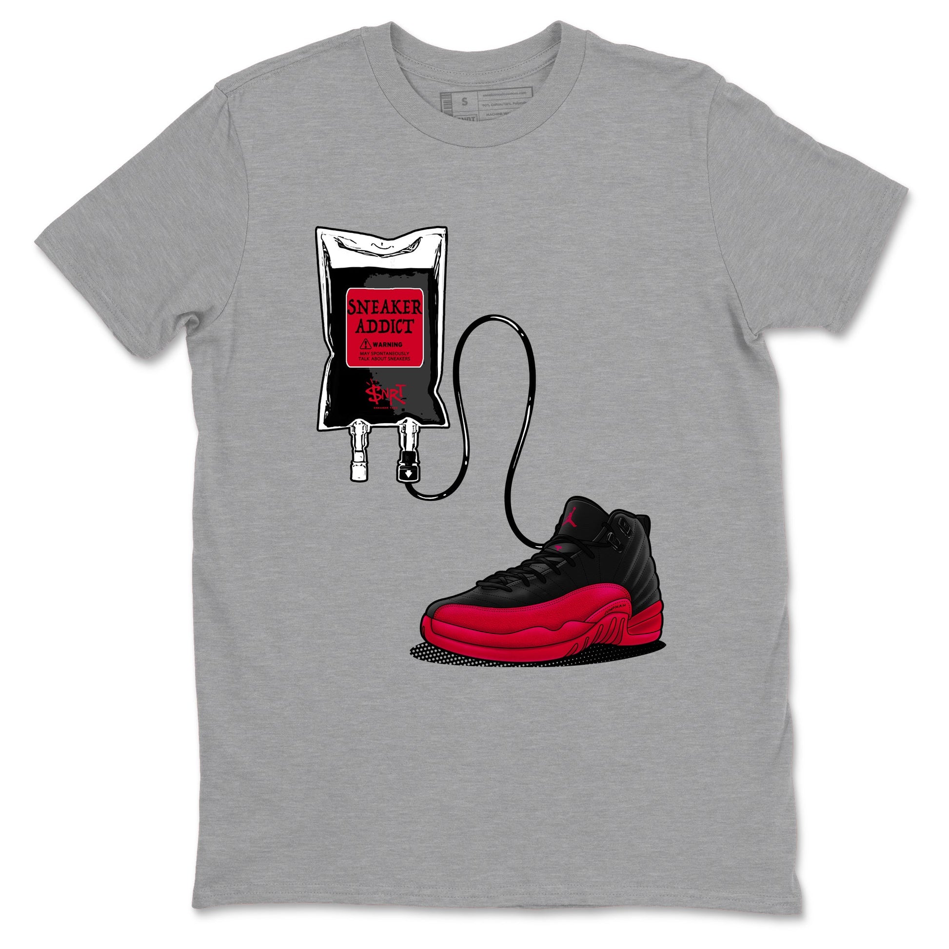 12s Flu Game shirts to match jordans Sneaker Therapy best t shirts to wear with jordans Air Jordan 12 Retro Flu Black and Varsity Red match shoes to clothes SNRT Sneaker Tees unisex cotton Heather Grey 2 shirts