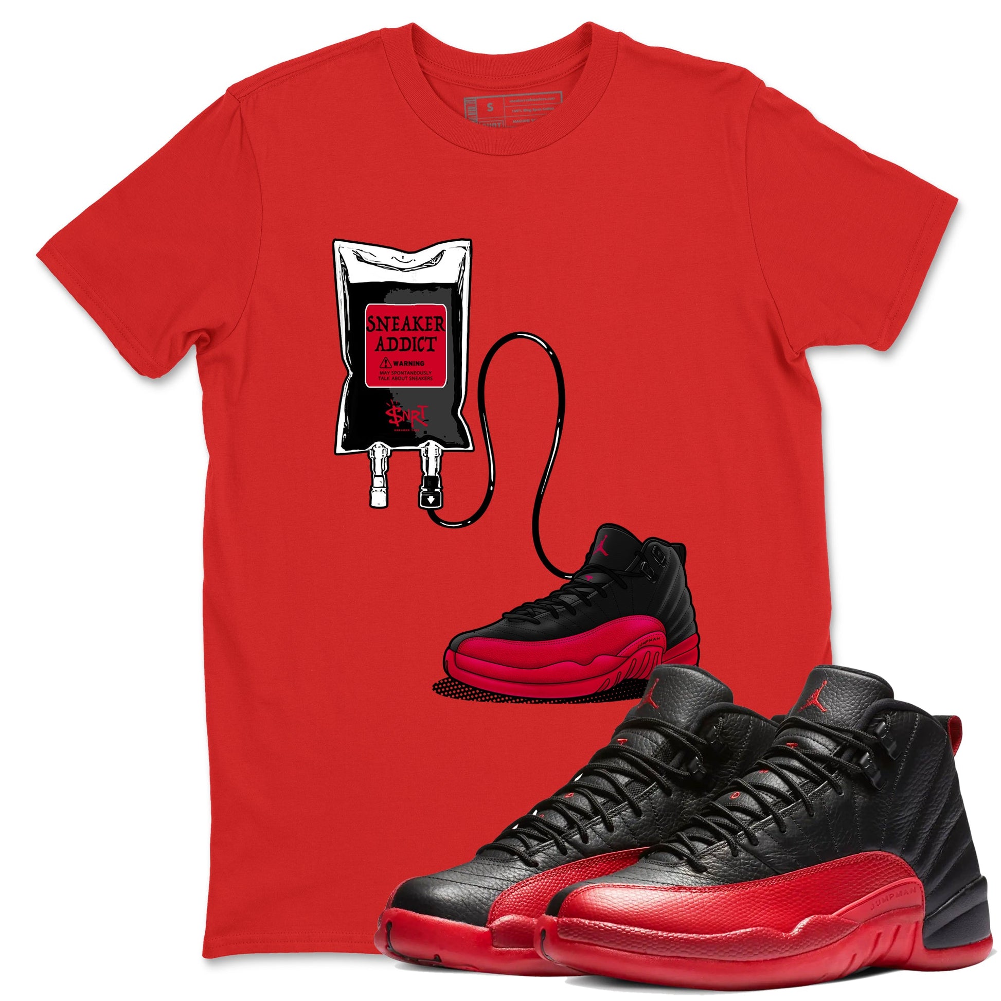 12s Flu Game shirts to match jordans Sneaker Therapy best t shirts to wear with jordans Air Jordan 12 Retro Flu Black and Varsity Red match shoes to clothes SNRT Sneaker Tees unisex cotton Red 1 shirts