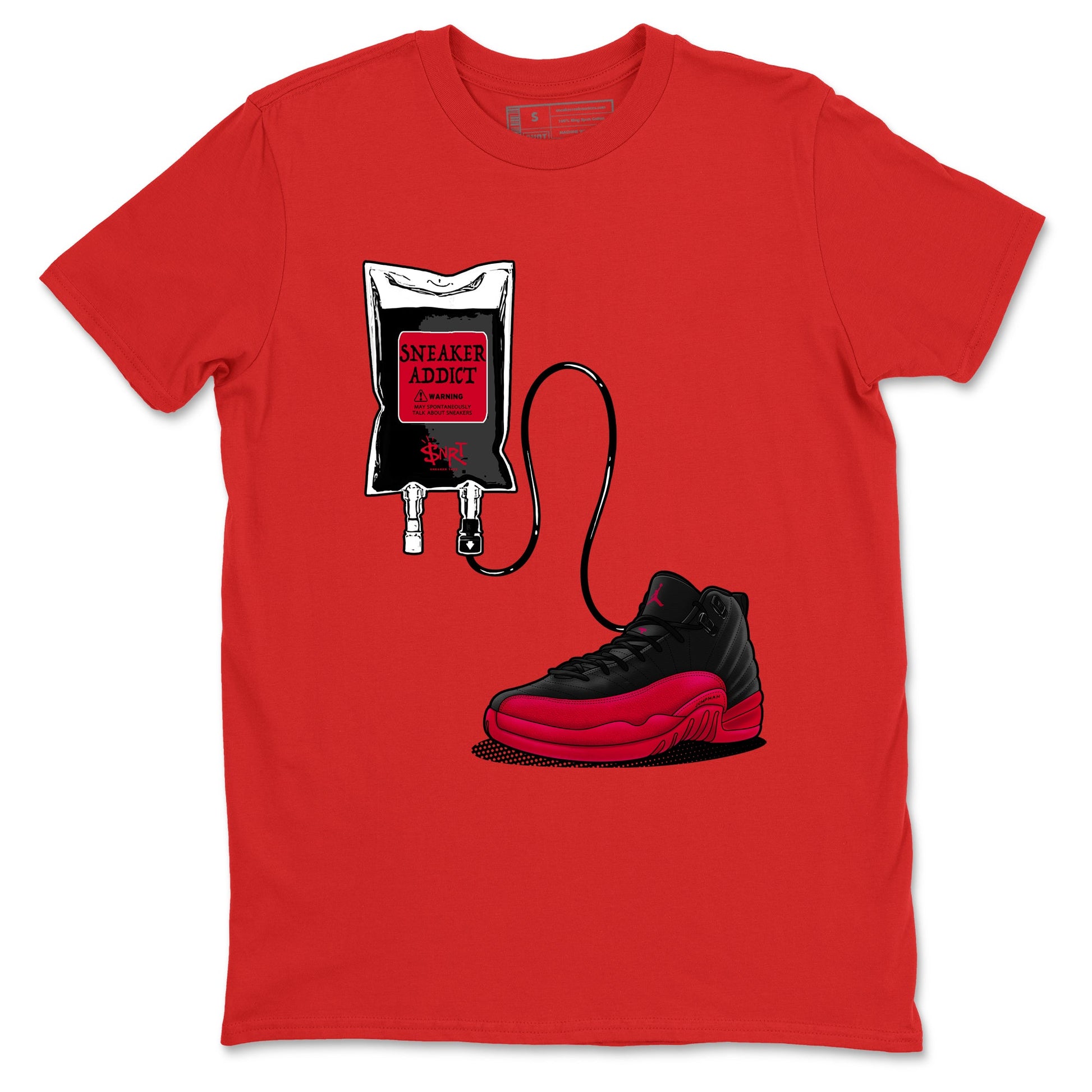12s Flu Game shirts to match jordans Sneaker Therapy best t shirts to wear with jordans Air Jordan 12 Retro Flu Black and Varsity Red match shoes to clothes SNRT Sneaker Tees unisex cotton Red 2 shirts