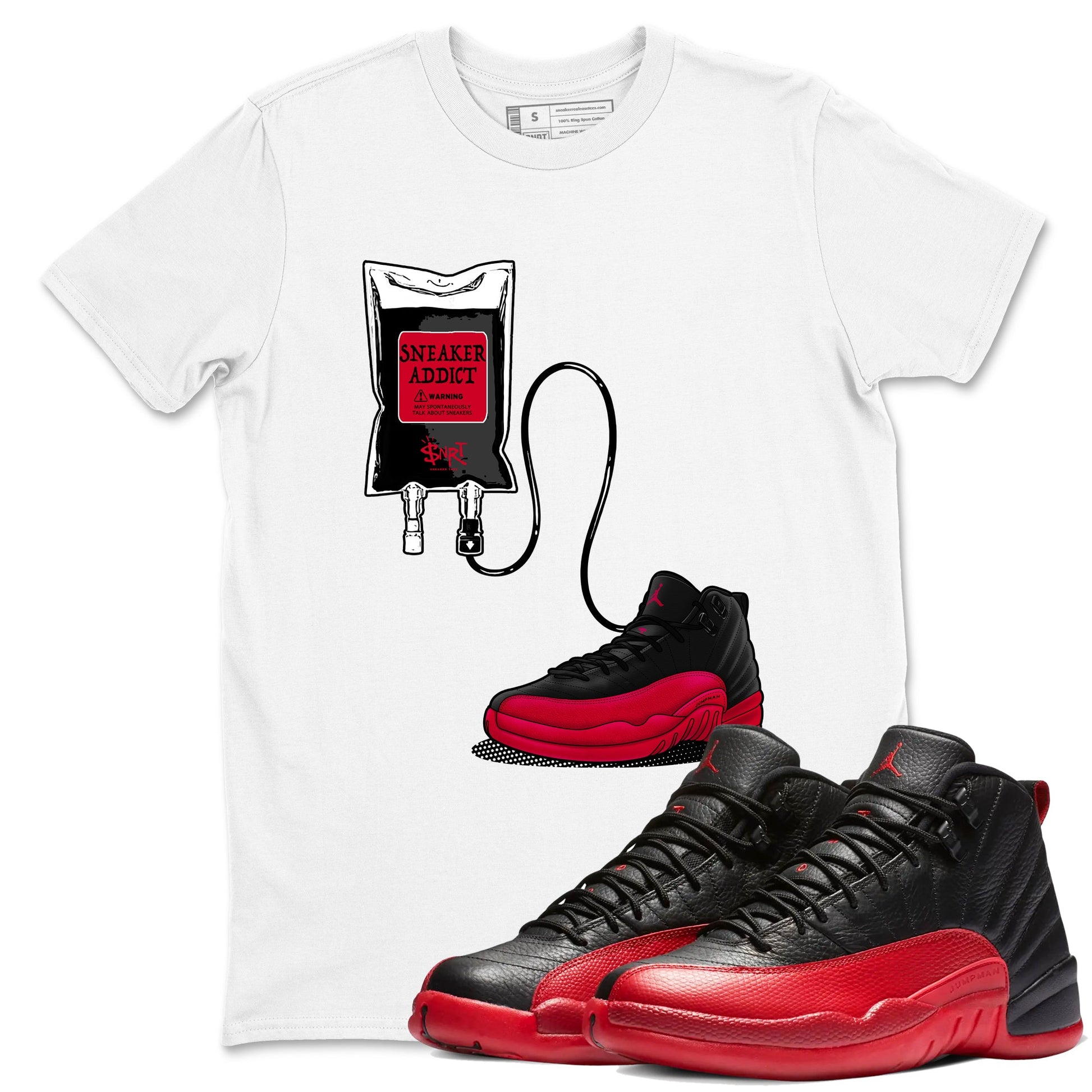 12s Flu Game shirts to match jordans Sneaker Therapy best t shirts to wear with jordans Air Jordan 12 Retro Flu Black and Varsity Red match shoes to clothes SNRT Sneaker Tees unisex cotton White 1 shirts