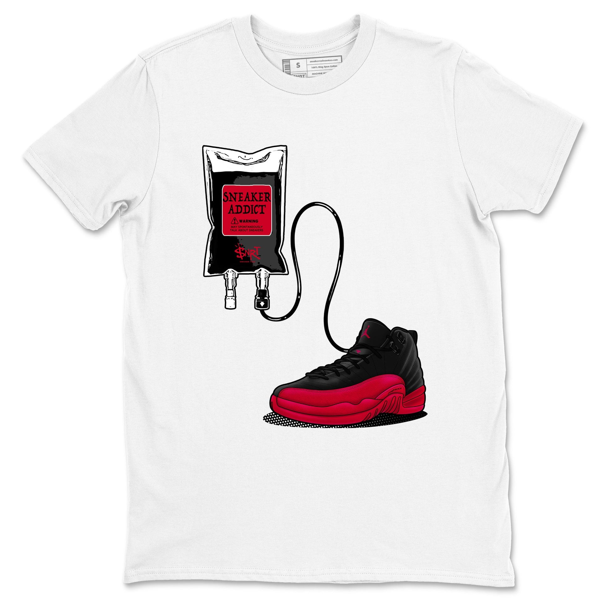 12s Flu Game shirts to match jordans Sneaker Therapy best t shirts to wear with jordans Air Jordan 12 Retro Flu Black and Varsity Red match shoes to clothes SNRT Sneaker Tees unisex cotton White 2 shirts