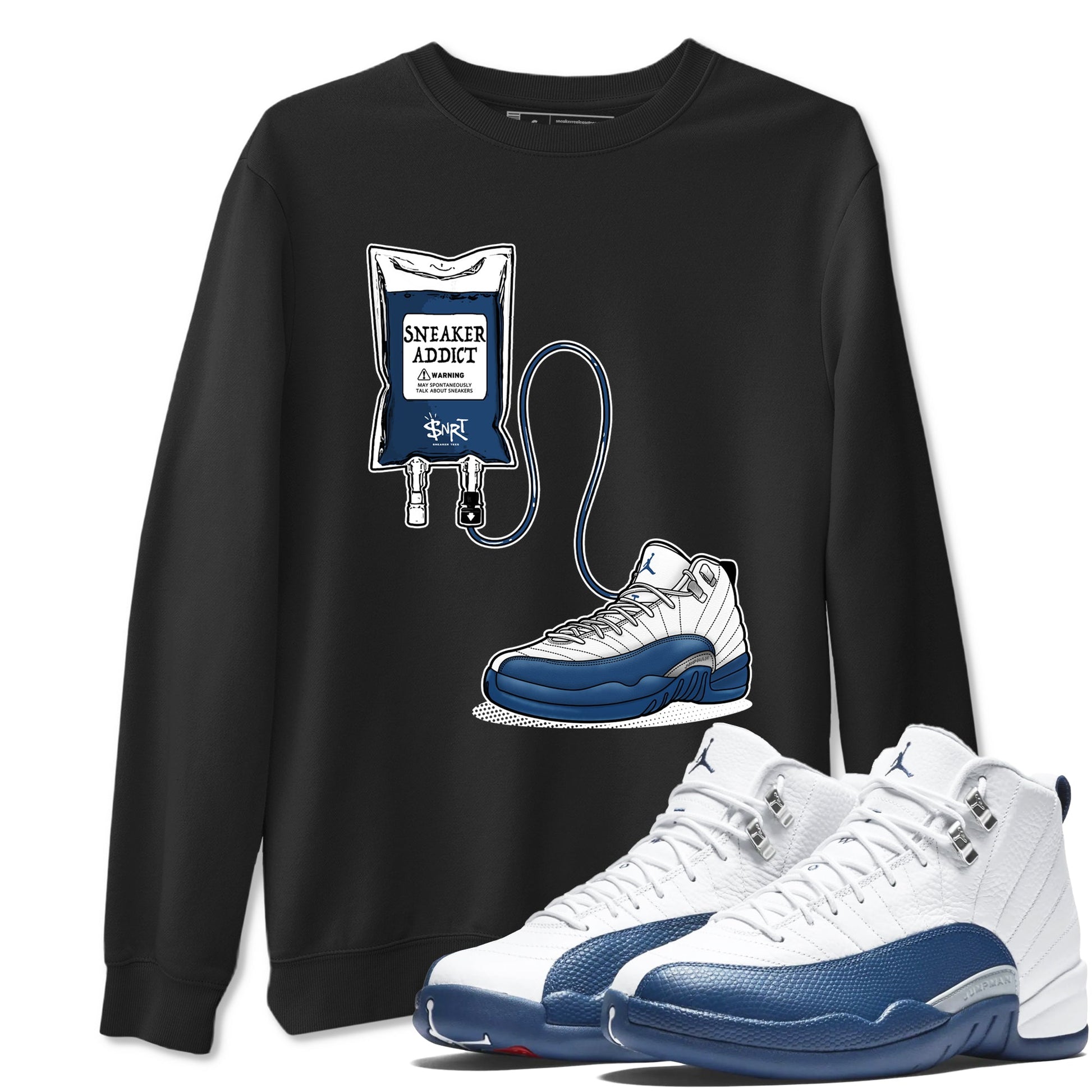 Sneaker Therapy sneaker match t-shirt t-shirts to match jordans, dunks, yeezys Air Jordan 12 French Blue sneakers, shown in Black 1.
