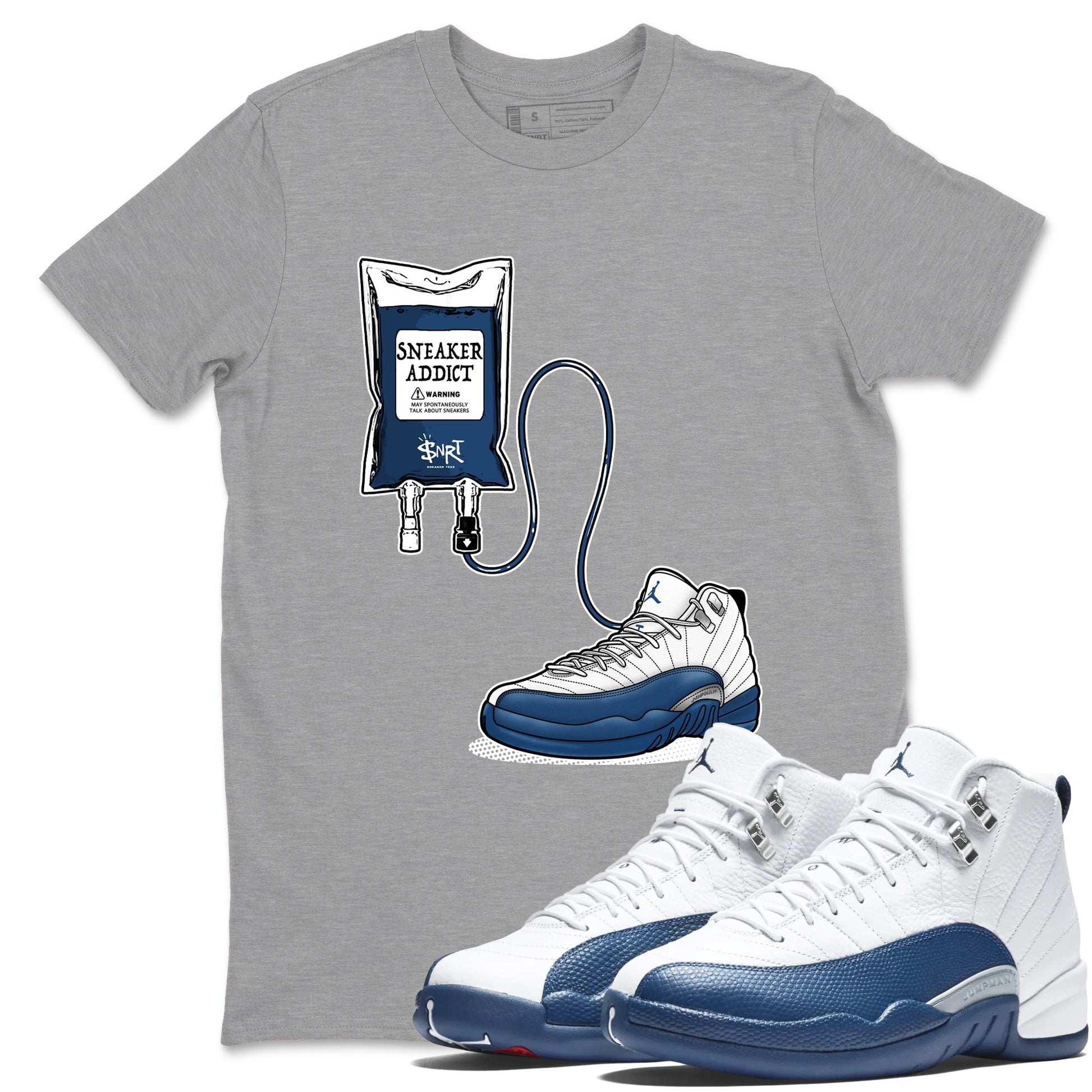 Sneaker Therapy sneaker match t-shirt t-shirts to match jordans, dunks, yeezys Air Jordan 12 French Blue sneakers, shown in Heather Grey 1.