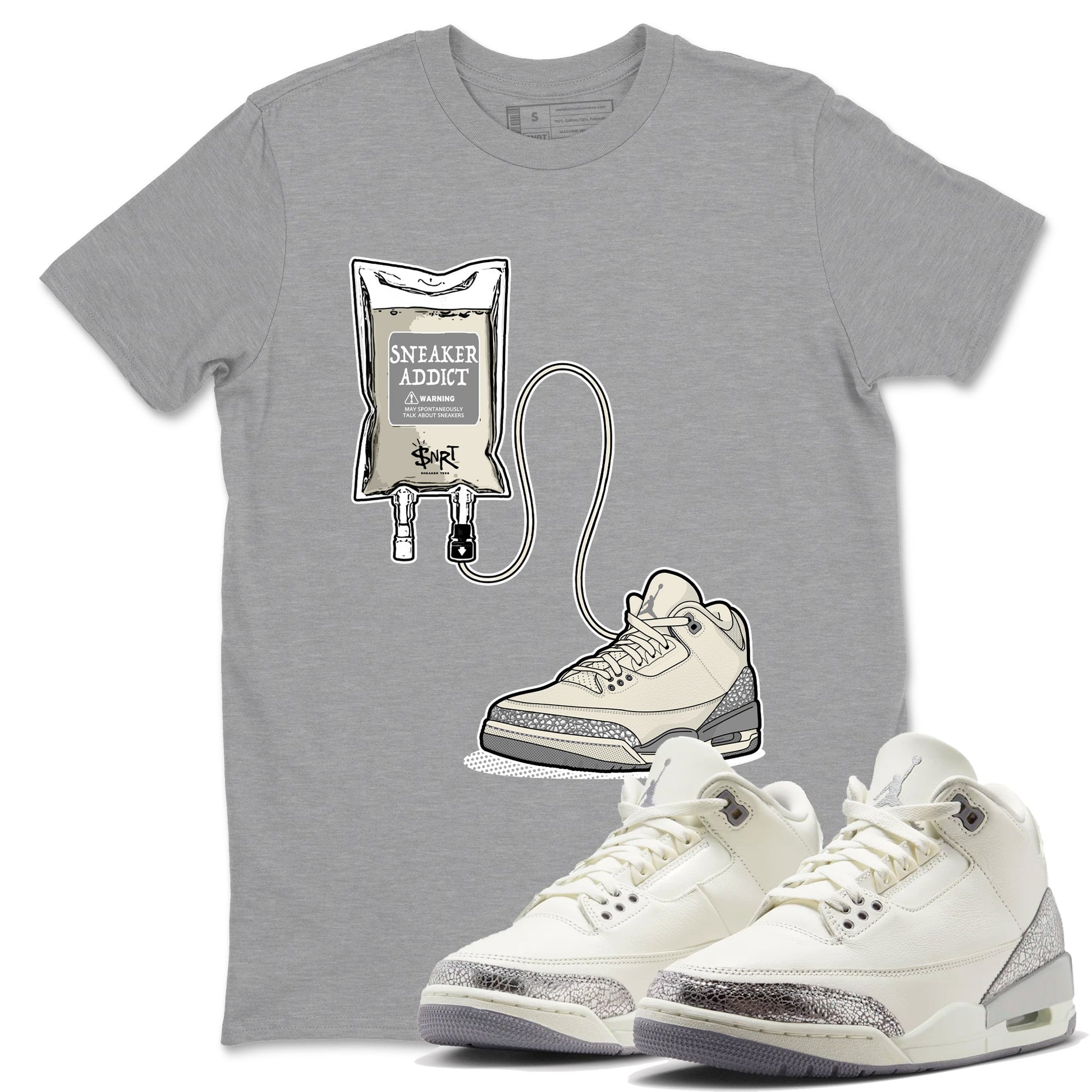 3s WMNS Sail and Cement Grey shirts to match jordans Sneaker Therapy graphic tees Air Jordan 3 Sail and Cement Grey match shoes to clothes SNRT Sneaker Tees unisex cotton Heather Grey 1 shirts