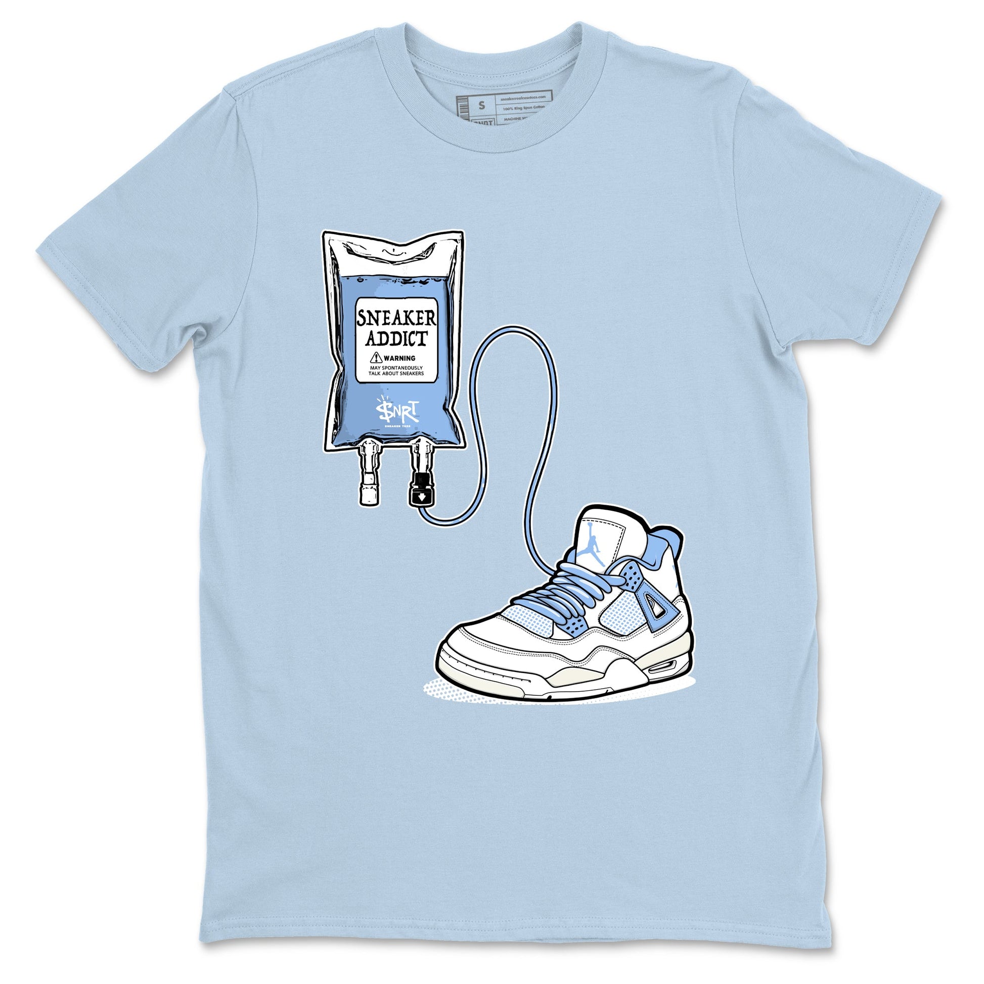 Sneaker Therapy sneaker match t-shirt styled to complete your fit with the Air Jordan 4 Aluminum sneakers, shown in Light Blue 2.