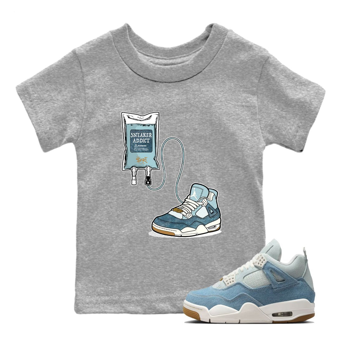Sneaker match tees – Sneaker Tees To Match 4s Worn Blue Air Jordan 4 Denim Shoes – Sneaker Therapy Kids T-Shirt Heather Grey 1