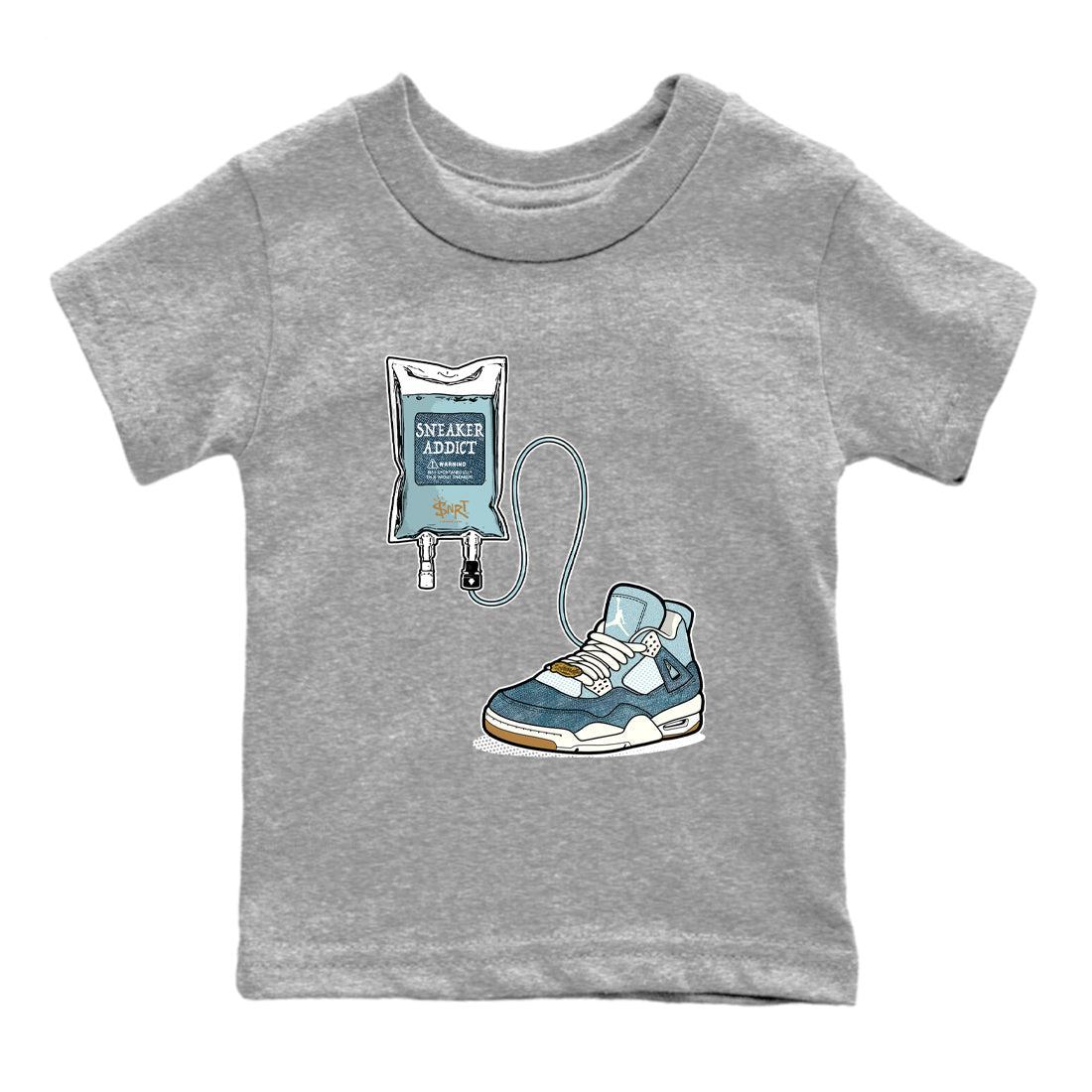 Sneaker match tees – Sneaker Tees To Match 4s Worn Blue Air Jordan 4 Denim Shoes – Sneaker Therapy Kids T-Shirt Heather Grey 2