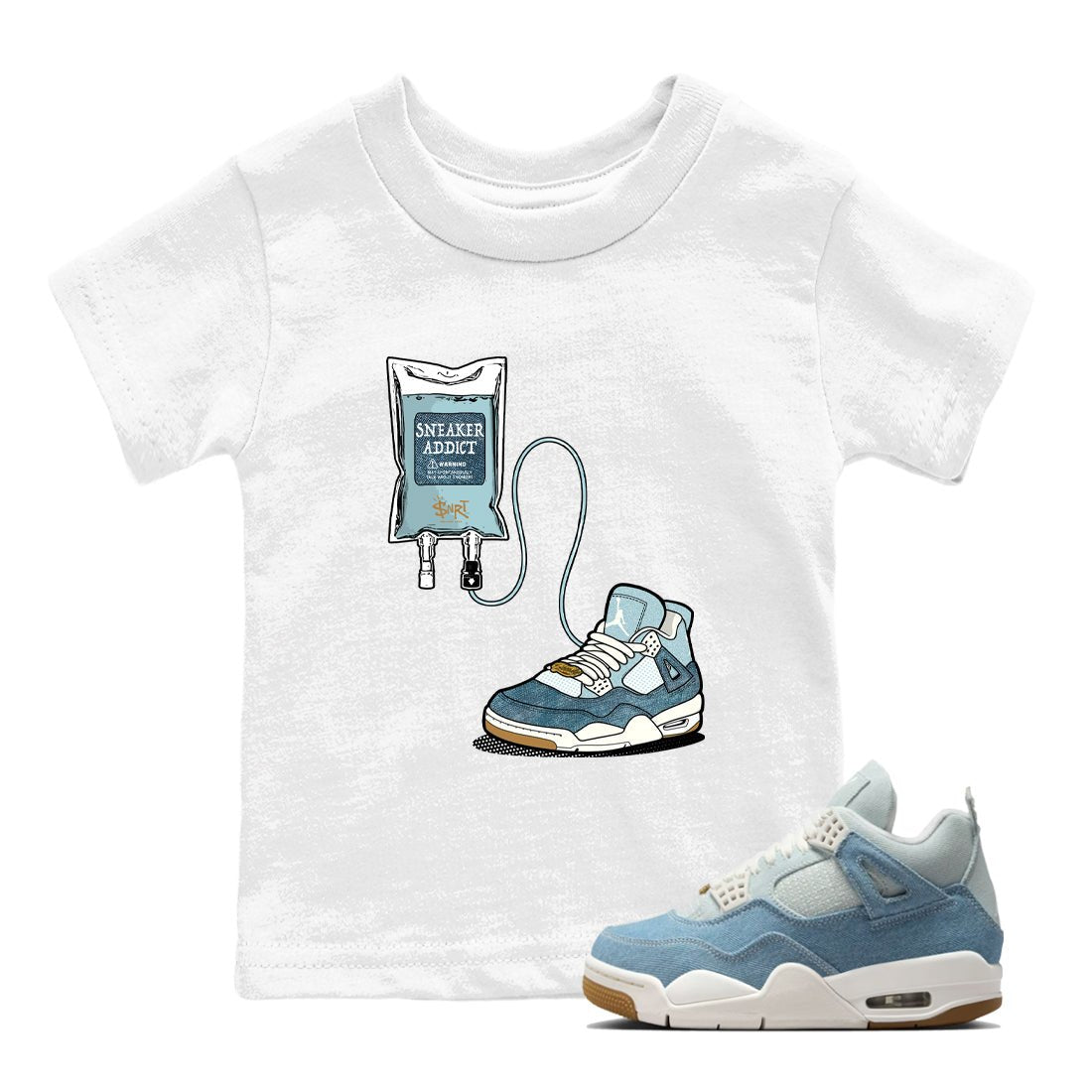 Sneaker match tees – Sneaker Tees To Match 4s Worn Blue Air Jordan 4 Denim Shoes – Sneaker Therapy Kids T-Shirt White 1