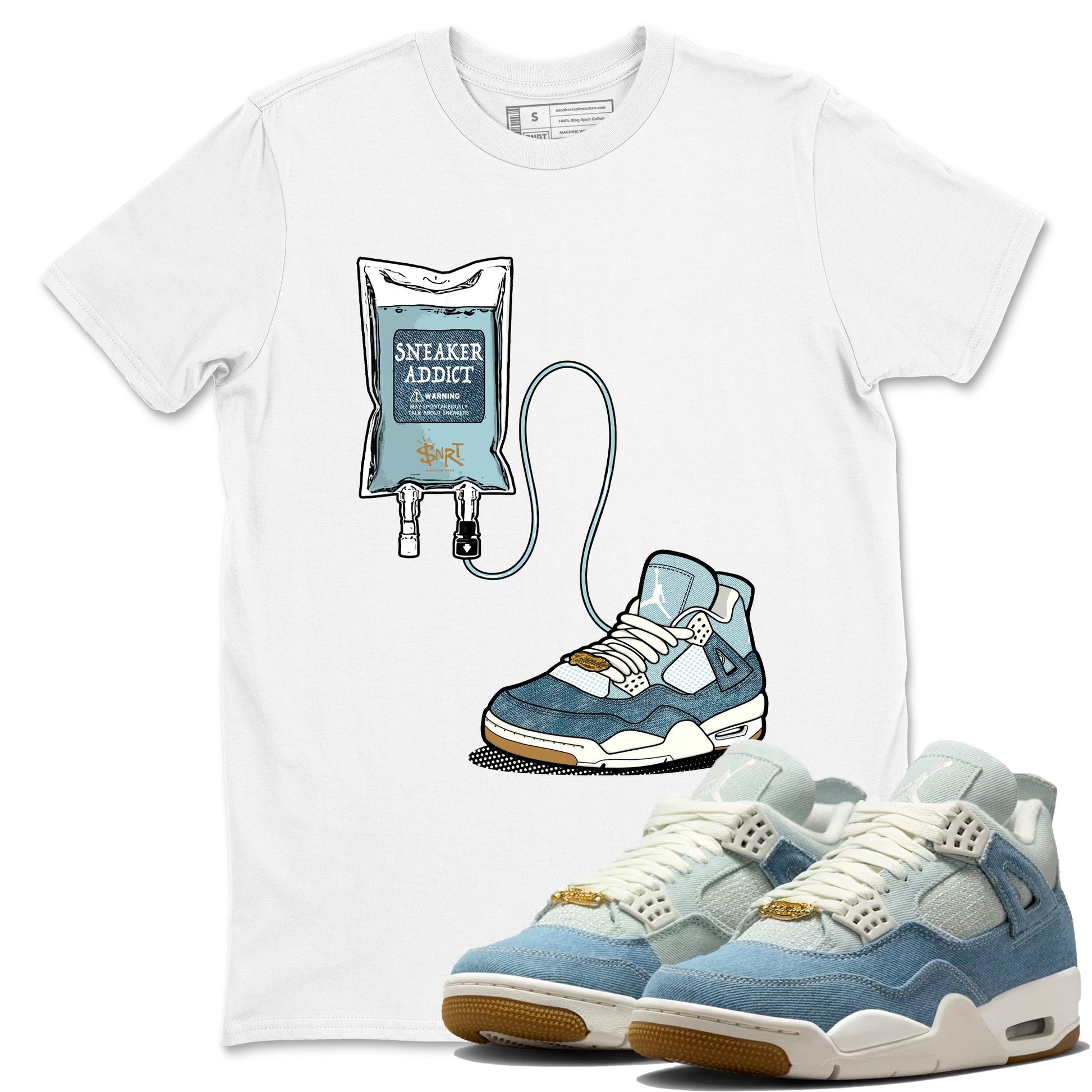 Sneaker match tees – Sneaker Tees To Match 4s Worn Blue Air Jordan 4 Denim Shoes – Sneaker Therapy Tee White 1