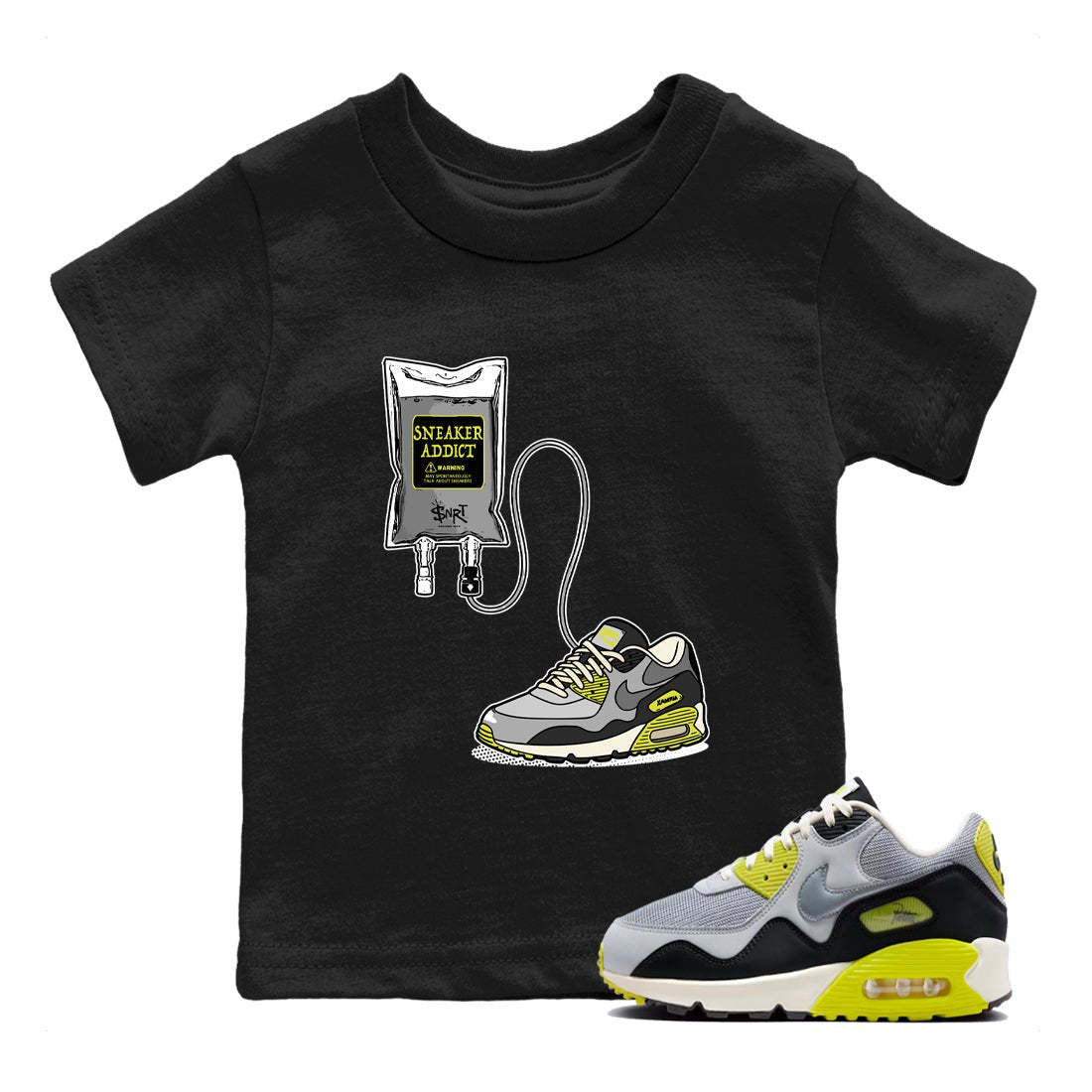 Sneaker Therapy baby and kids t-shirt crafted for little sneakerheads to shine with the Air Max 90 Cyber sneakers, displayed in Black 1.