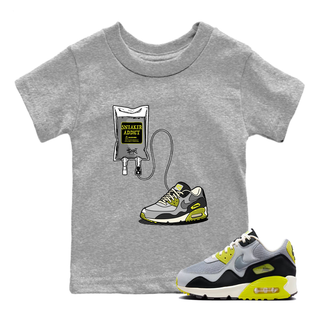 Sneaker Therapy baby and kids t-shirt crafted for little sneakerheads to shine with the Air Max 90 Cyber sneakers, displayed in Heather Grey 1.