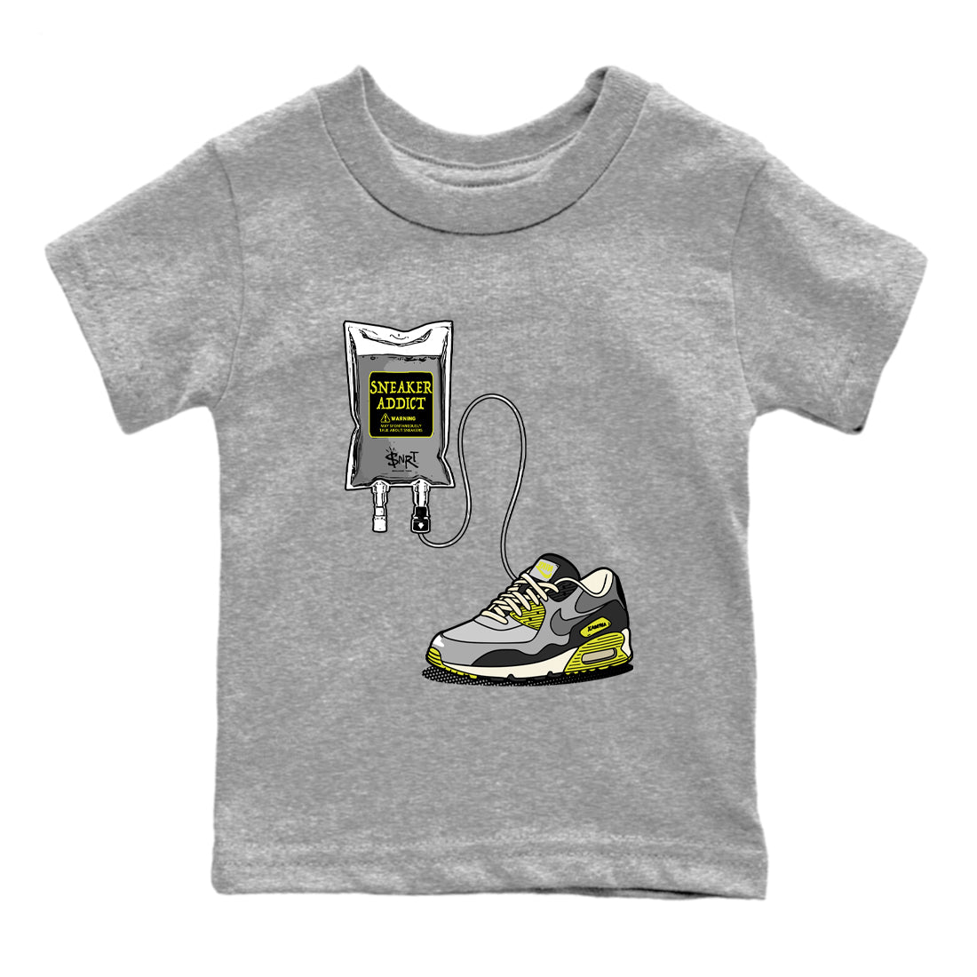 Sneaker Therapy baby and kids t-shirt crafted for little sneakerheads to shine with the Air Max 90 Cyber sneakers, displayed in Heather Grey 2.