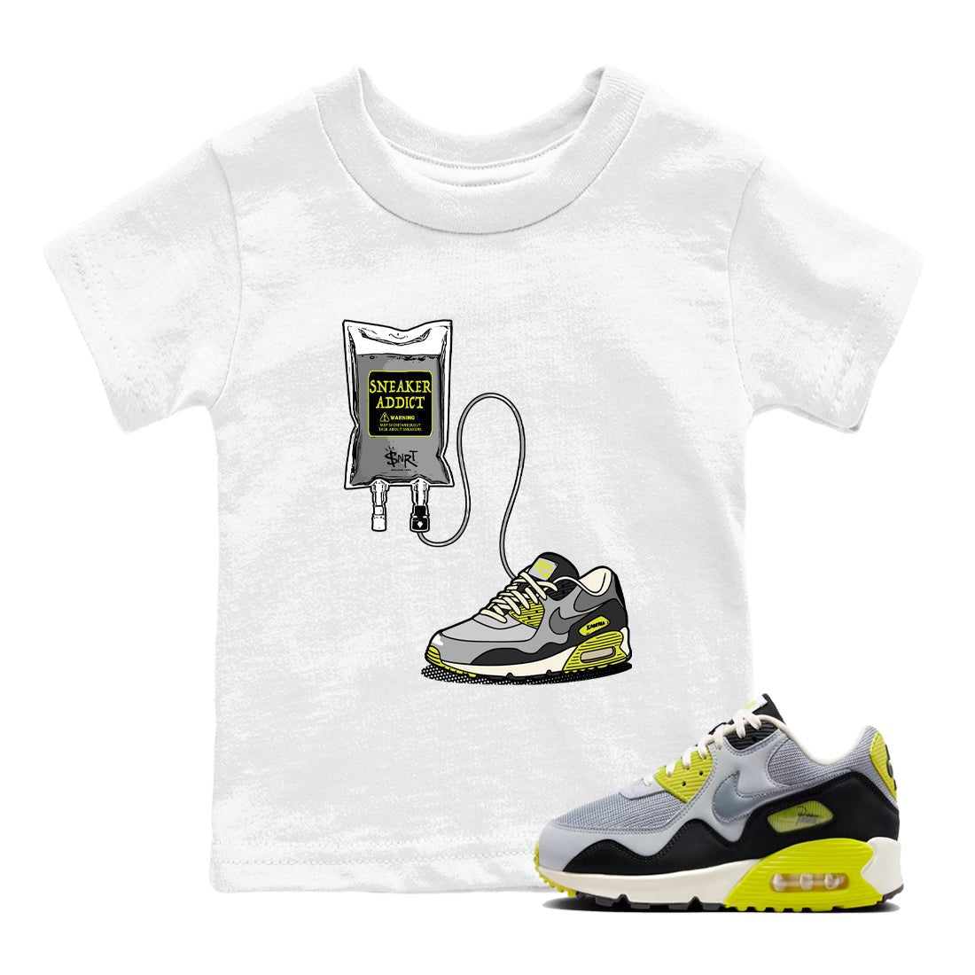 Sneaker Therapy baby and kids t-shirt crafted for little sneakerheads to shine with the Air Max 90 Cyber sneakers, displayed in White 1.