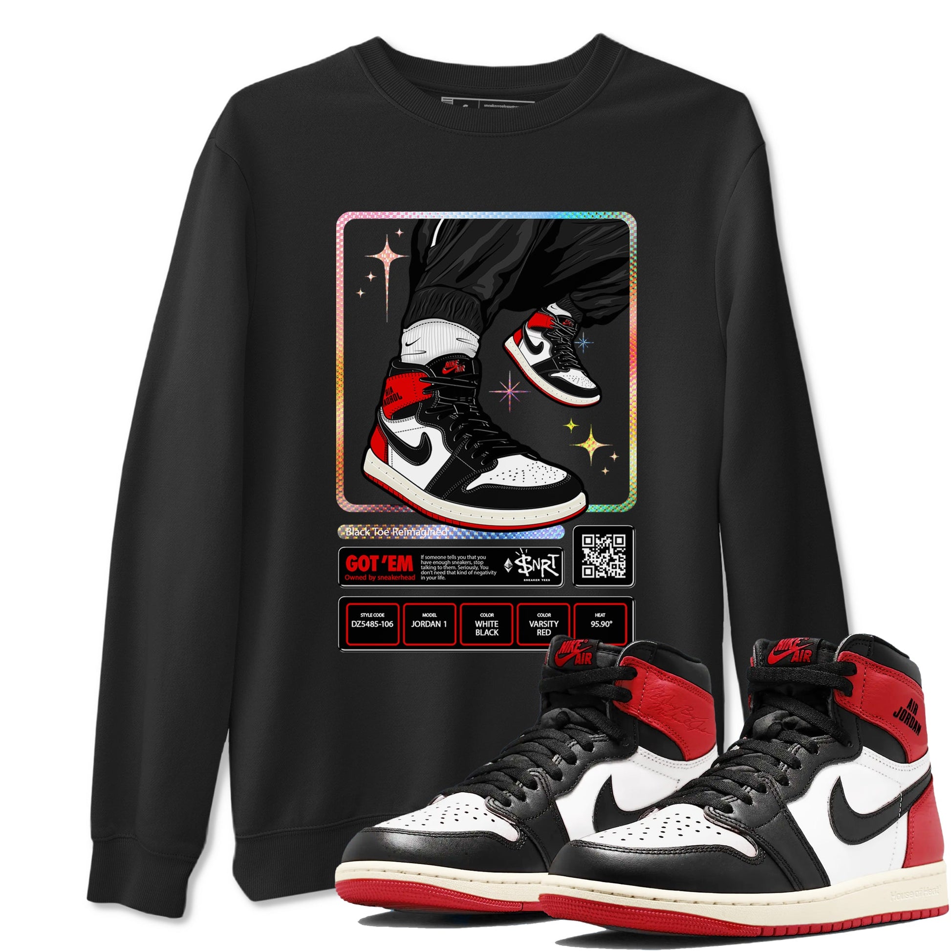 1s Black Toe Reimagined shirts to match jordans Sneaker Trading Card sneaker match tees Air Jordan 1 Black Toe Reimagined SNRT Sneaker Tees streetwear brand Black 1 unisex cotton tee
