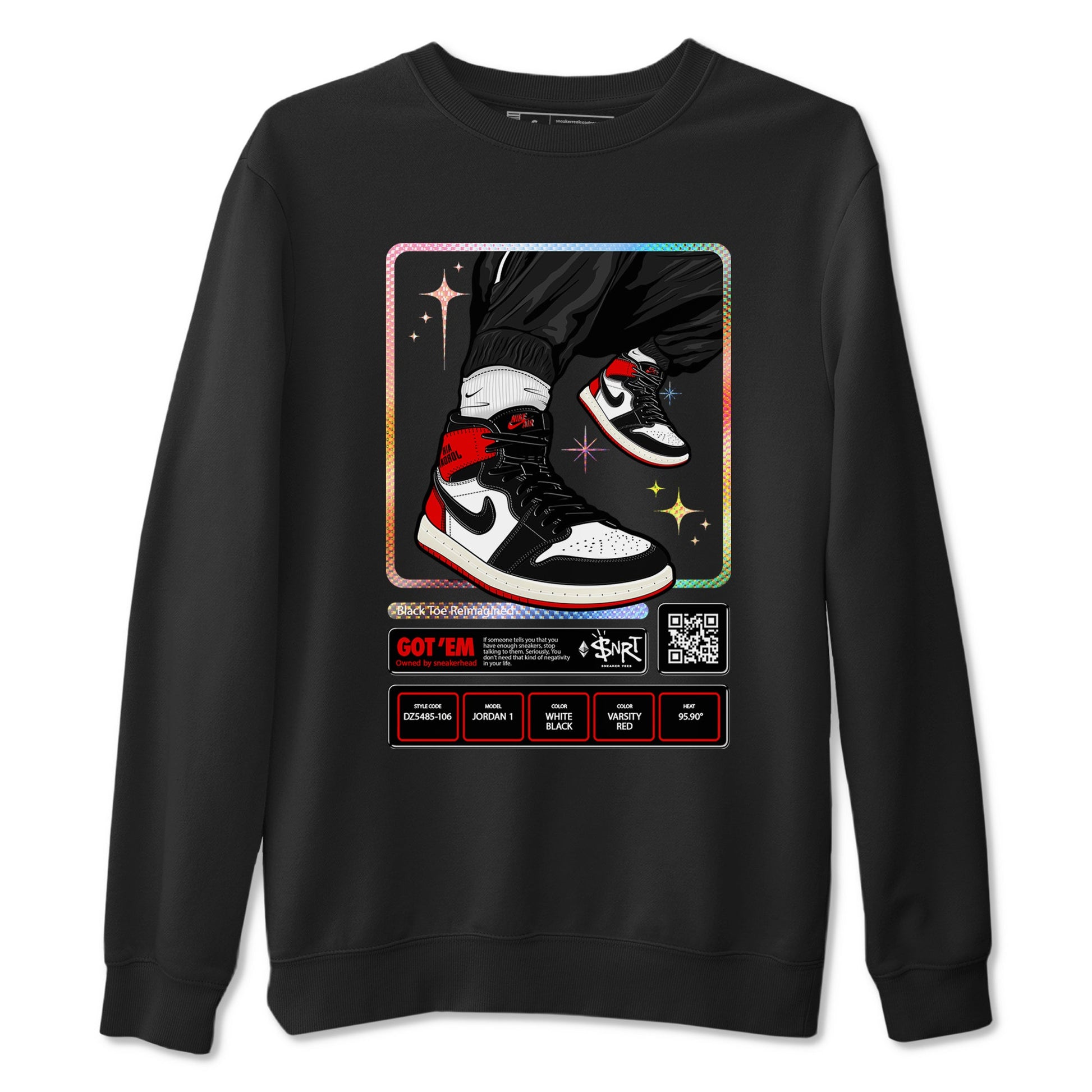 1s Black Toe Reimagined shirts to match jordans Sneaker Trading Card sneaker match tees Air Jordan 1 Black Toe Reimagined SNRT Sneaker Tees streetwear brand Black 2 unisex cotton tee